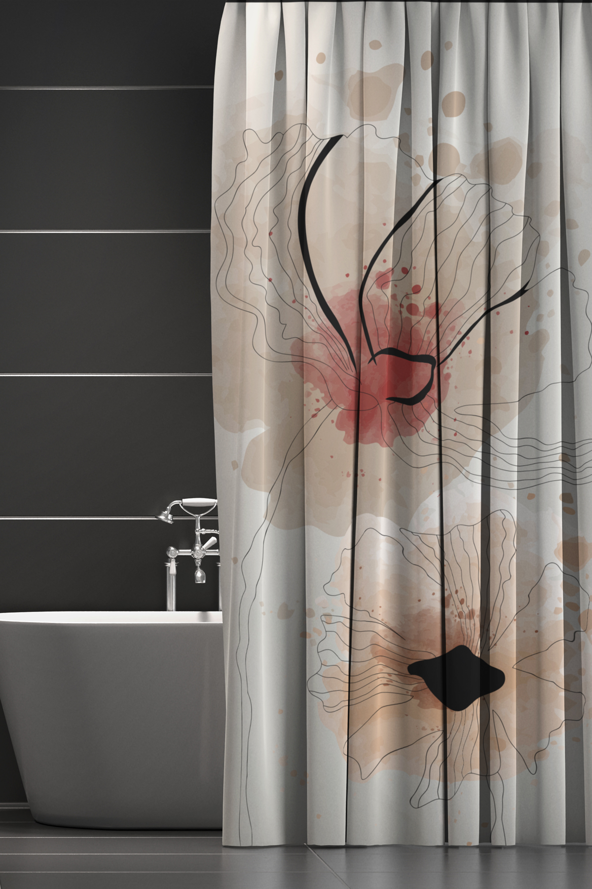 Banyo Perdesi, Art Flora Desenli Duş Perdesi, Küvet Perdesi, Halka Hediyeli 175x200cm BP-51