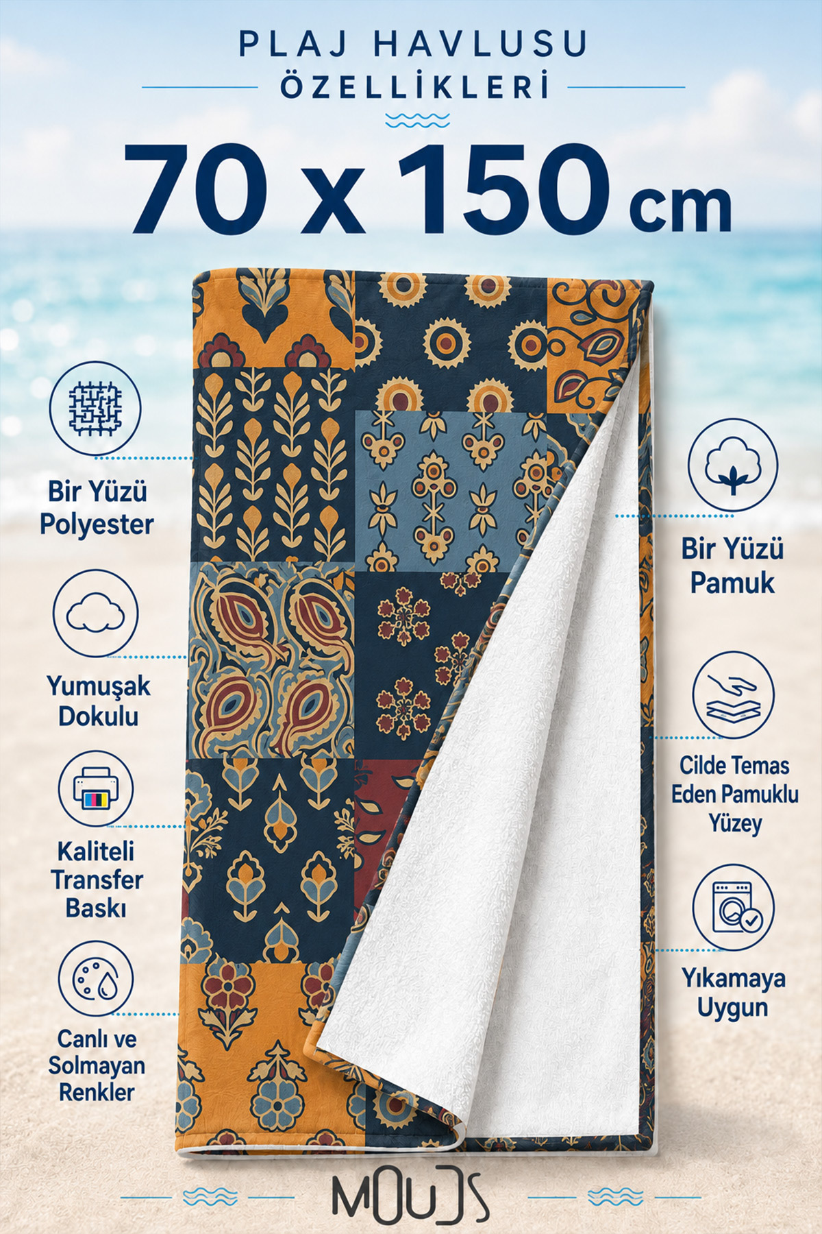 Dijital Baskılı 70x150cm Etnik Yama Desenli Plaj Havlusu - Banyo Havlusu - Deniz Havlusu