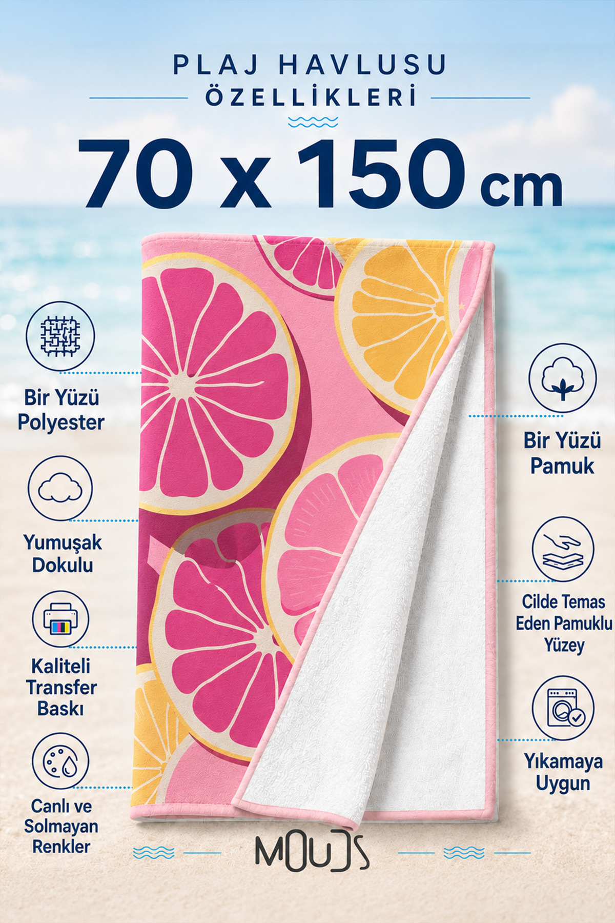 Dijital Baskılı 70x150cm Pembe Greyfurt Desenli Plaj Havlusu - Banyo Havlusu - Deniz Havlusu