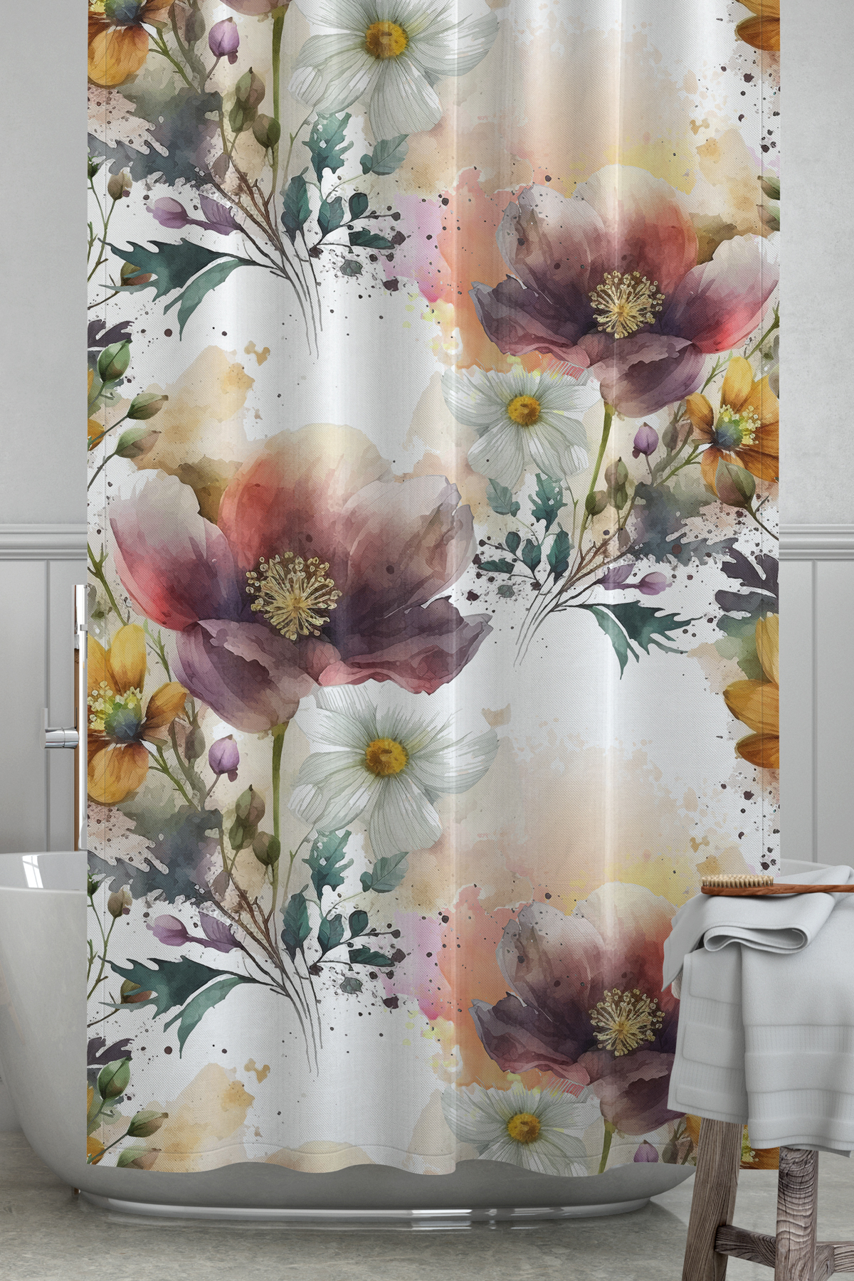 Banyo Perdesi, Çiçek Harmonisi Desenli Duş Perdesi, Küvet Perdesi, Halka Hediyeli 175x200cm BP-81