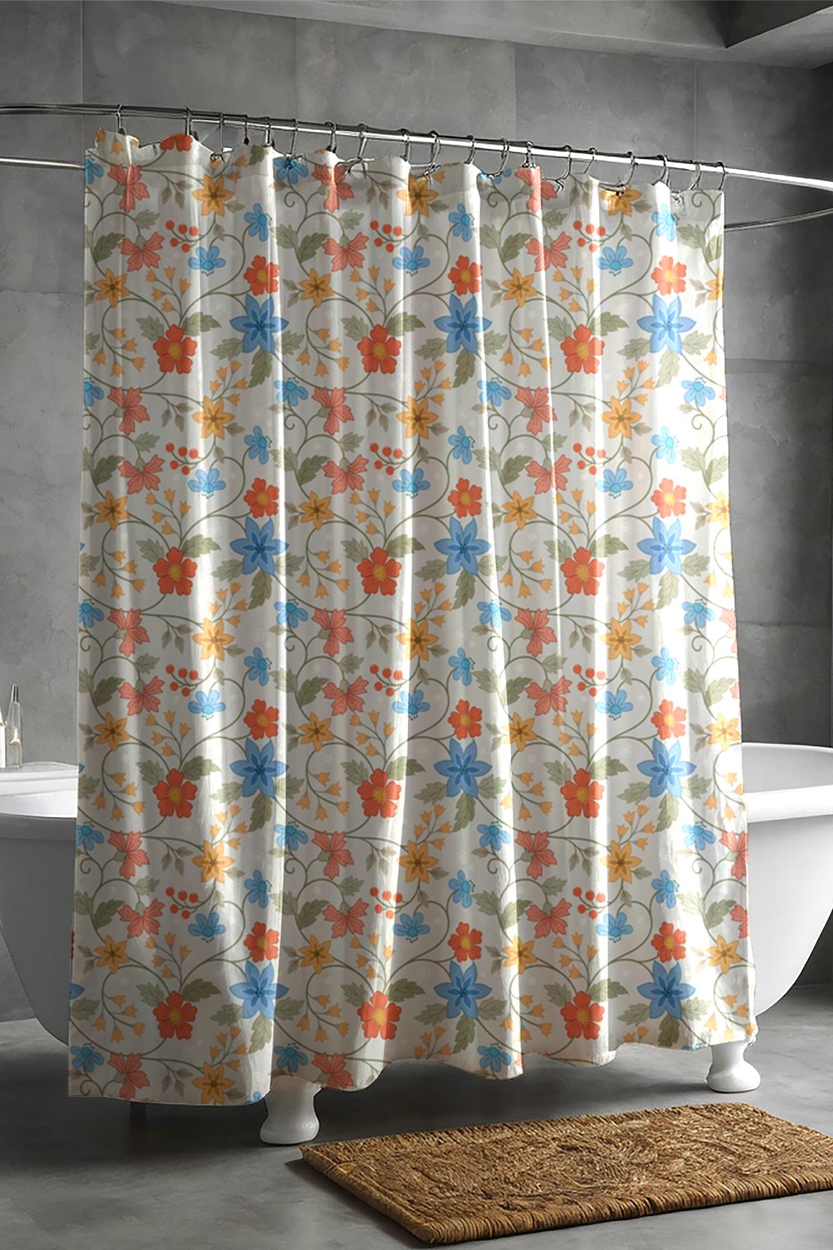 Banyo Perdesi, Eski Renkli Çiçekler Desenli Duş Perdesi Küvet Perdesi Halka Hediyeli 175x200cm BP-26