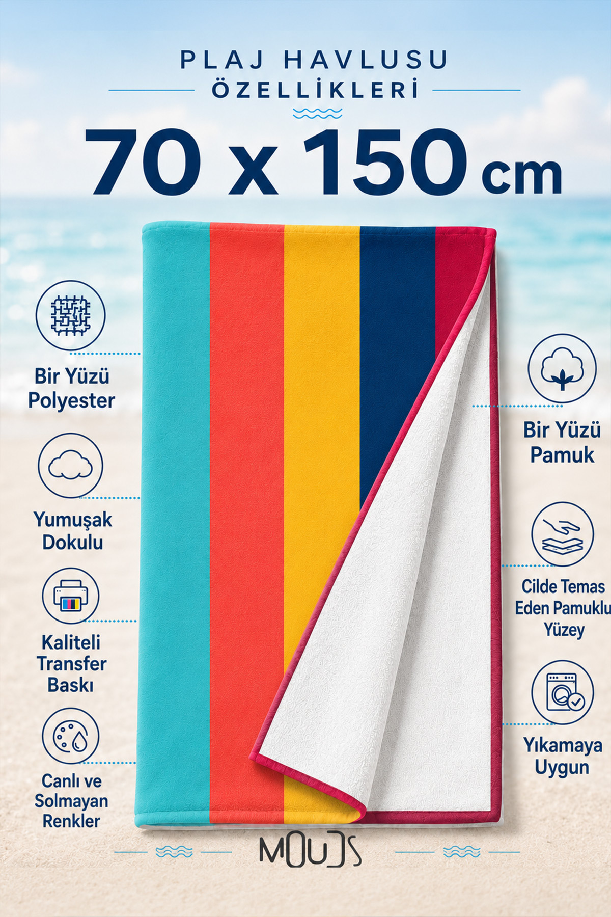 Dijital Baskılı 70x150cm Retro Marin Desenli Plaj Havlusu - Banyo Havlusu - Deniz Havlusu