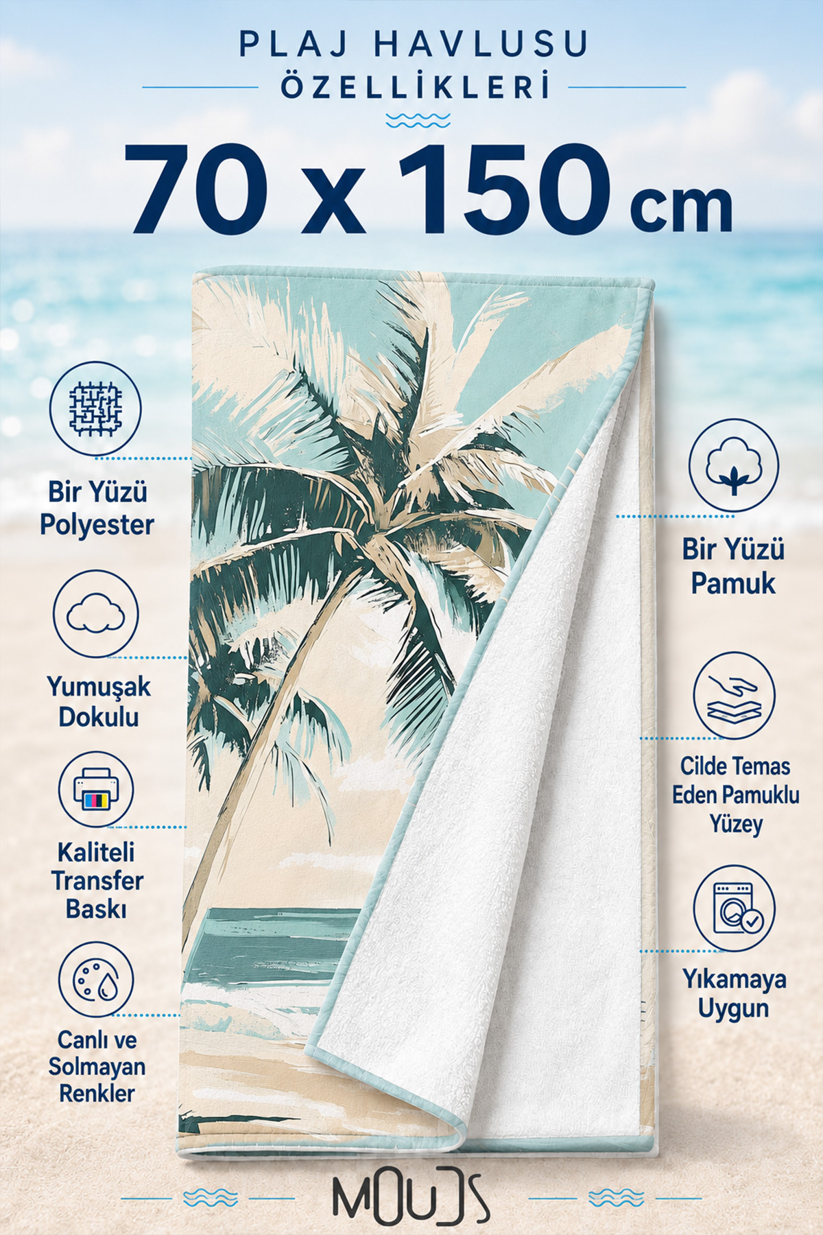 Dijital Baskılı 70x150cm Palmiye Esintisi Desenli Plaj Havlusu - Banyo Havlusu - Deniz Havlusu