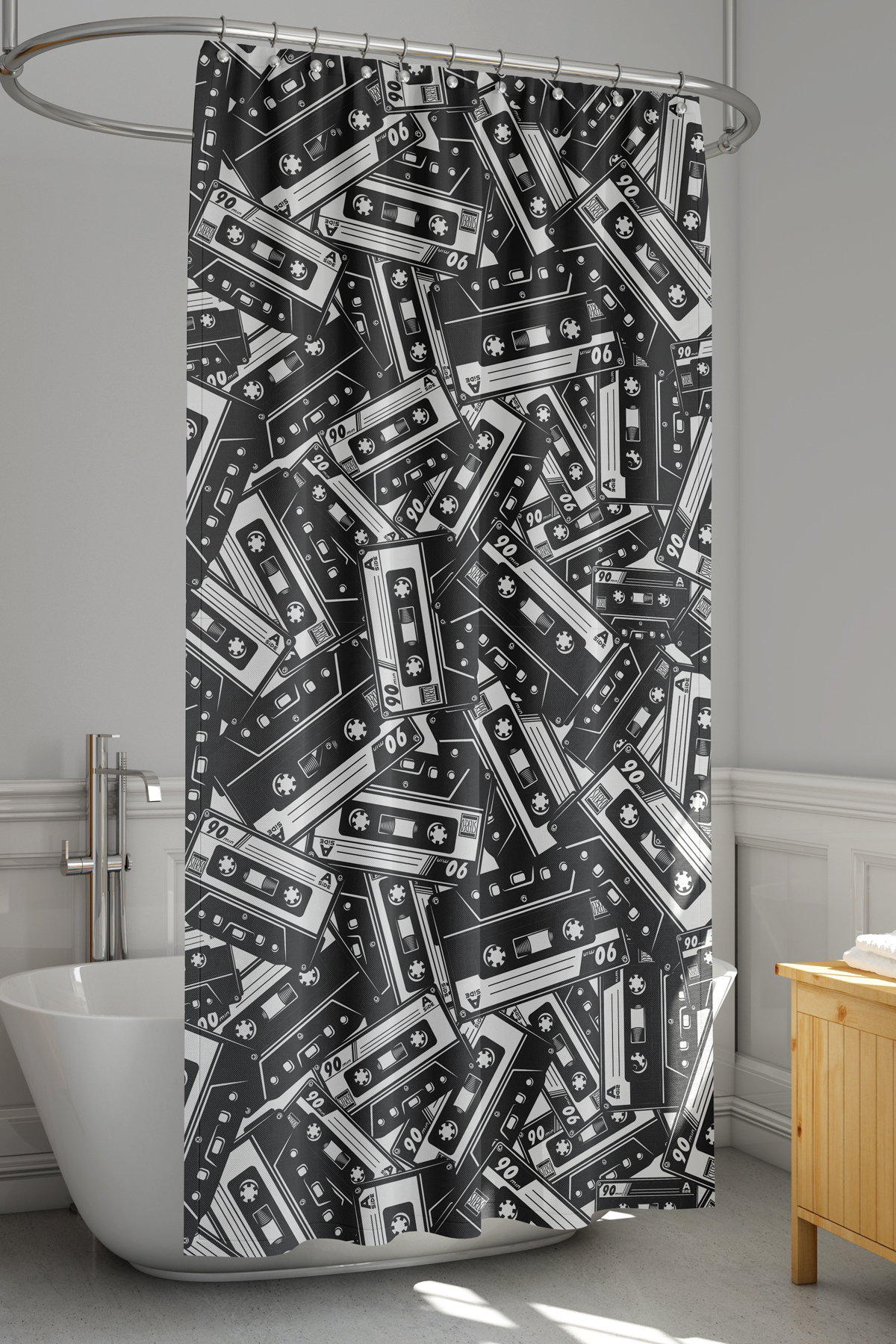 Banyo Perdesi, Siyah Kaset Desenli Duş Perdesi, Küvet Perdesi, Halka Hediyeli 175x200cm BP-59