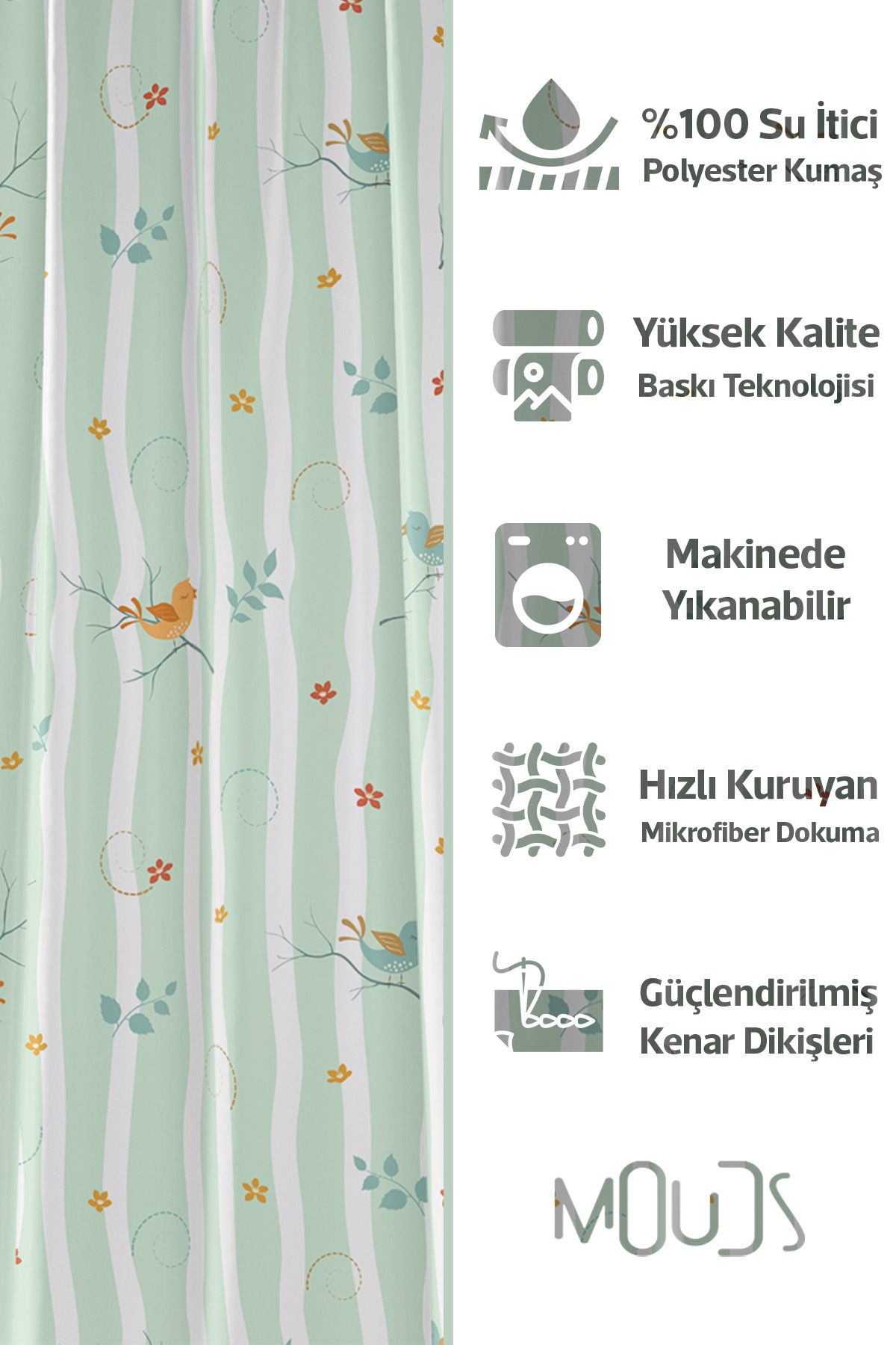 Banyo Perdesi, Kuş ve Çiçek Desenli Duş Perdesi, Küvet Perdesi, Halka Hediyeli 175x200cm BP-14