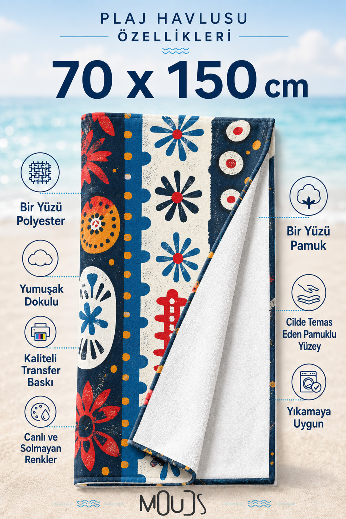 Dijital Baskılı 70x150cm Renkli Eski Çiçekler Desenli Plaj Havlusu - Banyo Havlusu - Deniz Havlusu - 3