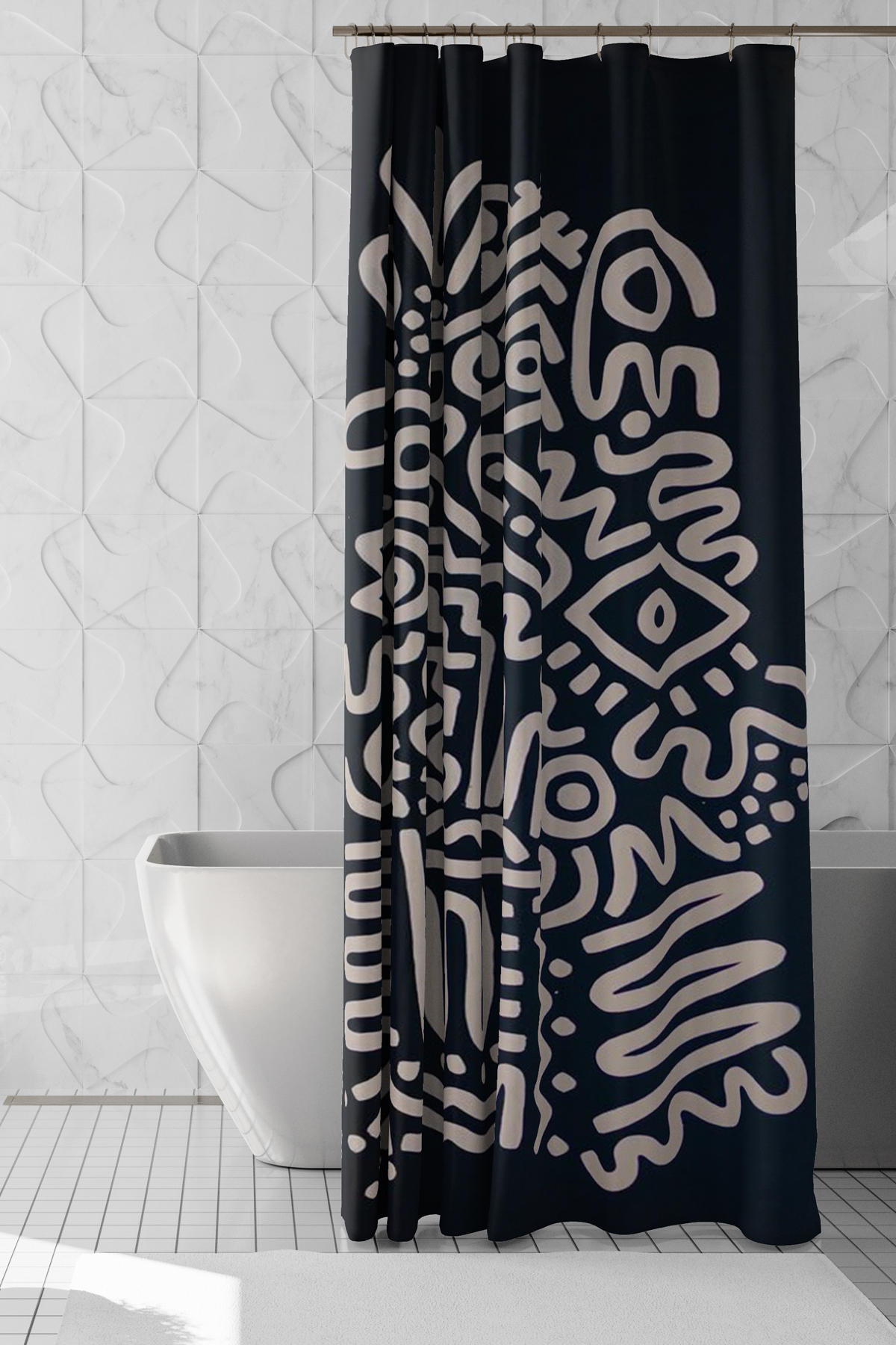 Banyo Perdesi, Ritmik İzler Desenli Duş Perdesi, Küvet Perdesi, Halka Hediyeli 175x200cm BP-91