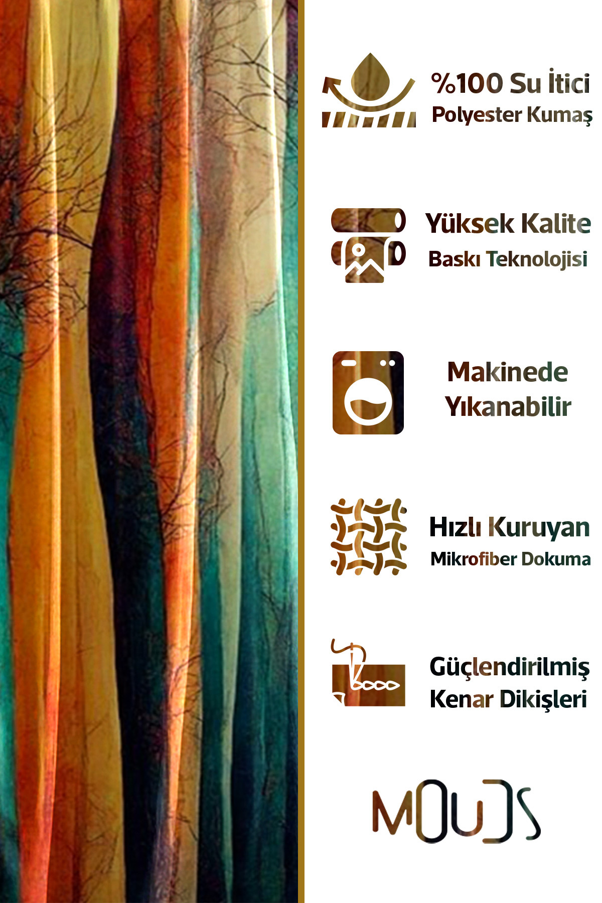 Banyo Perdesi, Renkli Ağaç Silüet Desenli Duş Perdesi, Küvet Perdesi, Halka Hediyeli 175x200cm BP-35