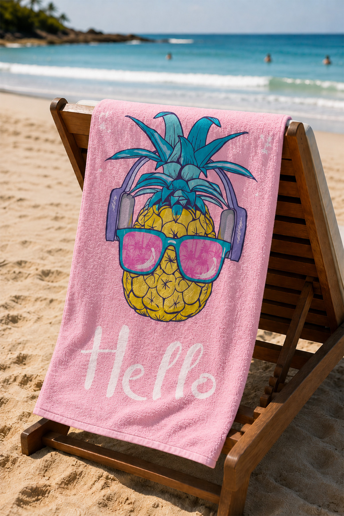Dijital Baskılı 70x150cm Pembe Ananas Desenli Plaj Havlusu - Banyo Havlusu - Deniz Havlusu