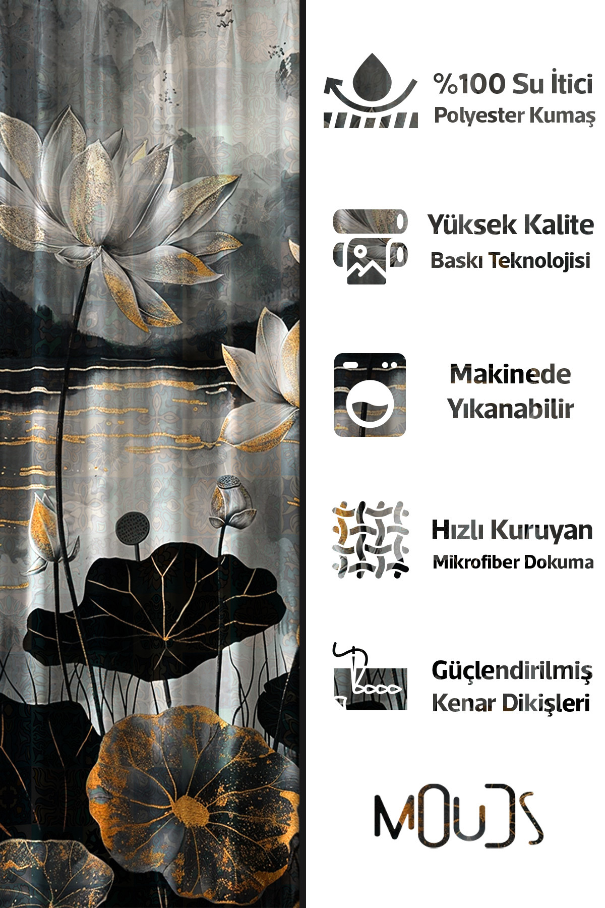 Banyo Perdesi, Lotus Işıltısı Desenli Duş Perdesi, Küvet Perdesi, Halka Hediyeli 175x200cm BP-90
