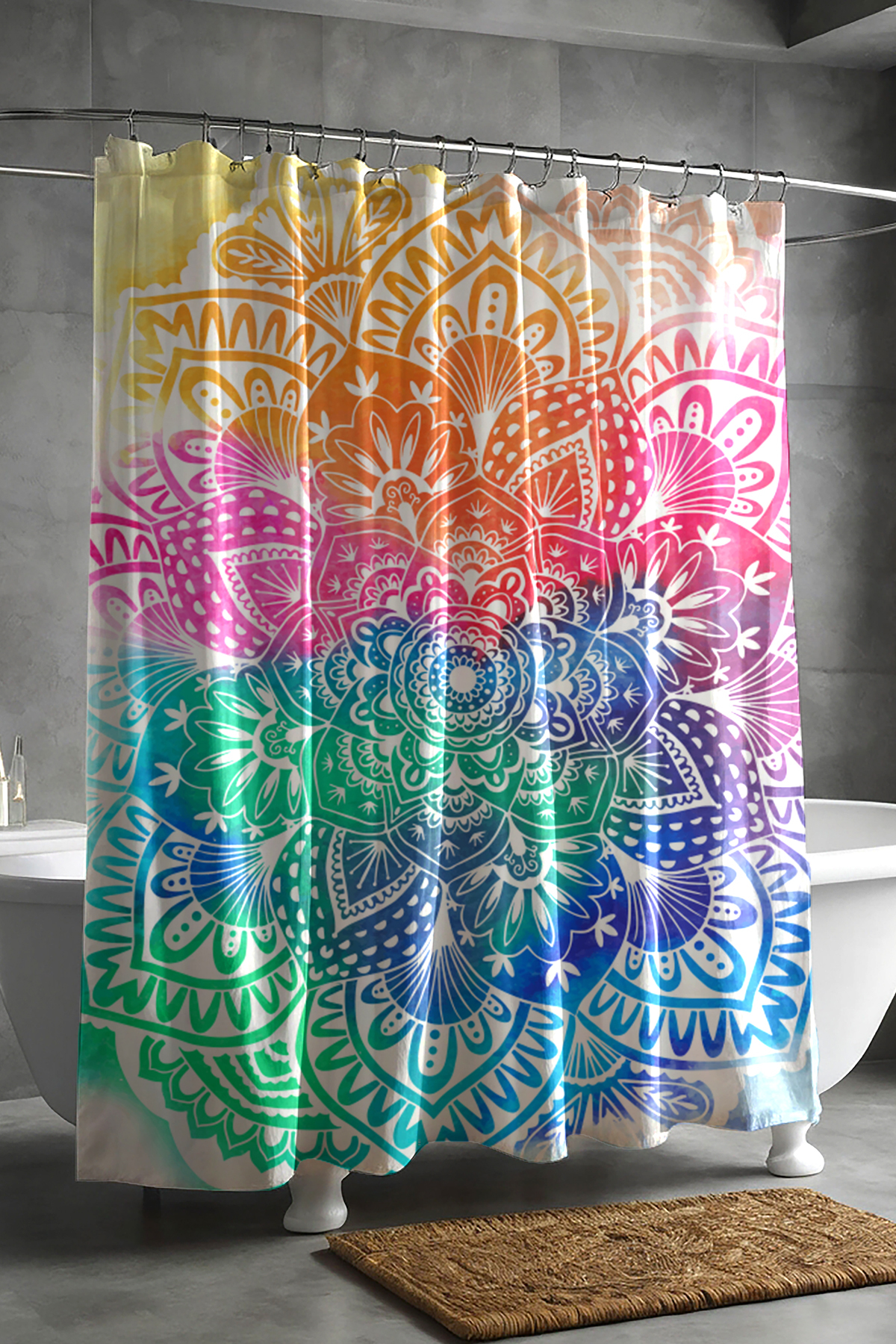 Banyo Perdesi, Mandala Desenli Duş Perdesi, Küvet Perdesi, Halka Hediyeli 175x200cm BP-27