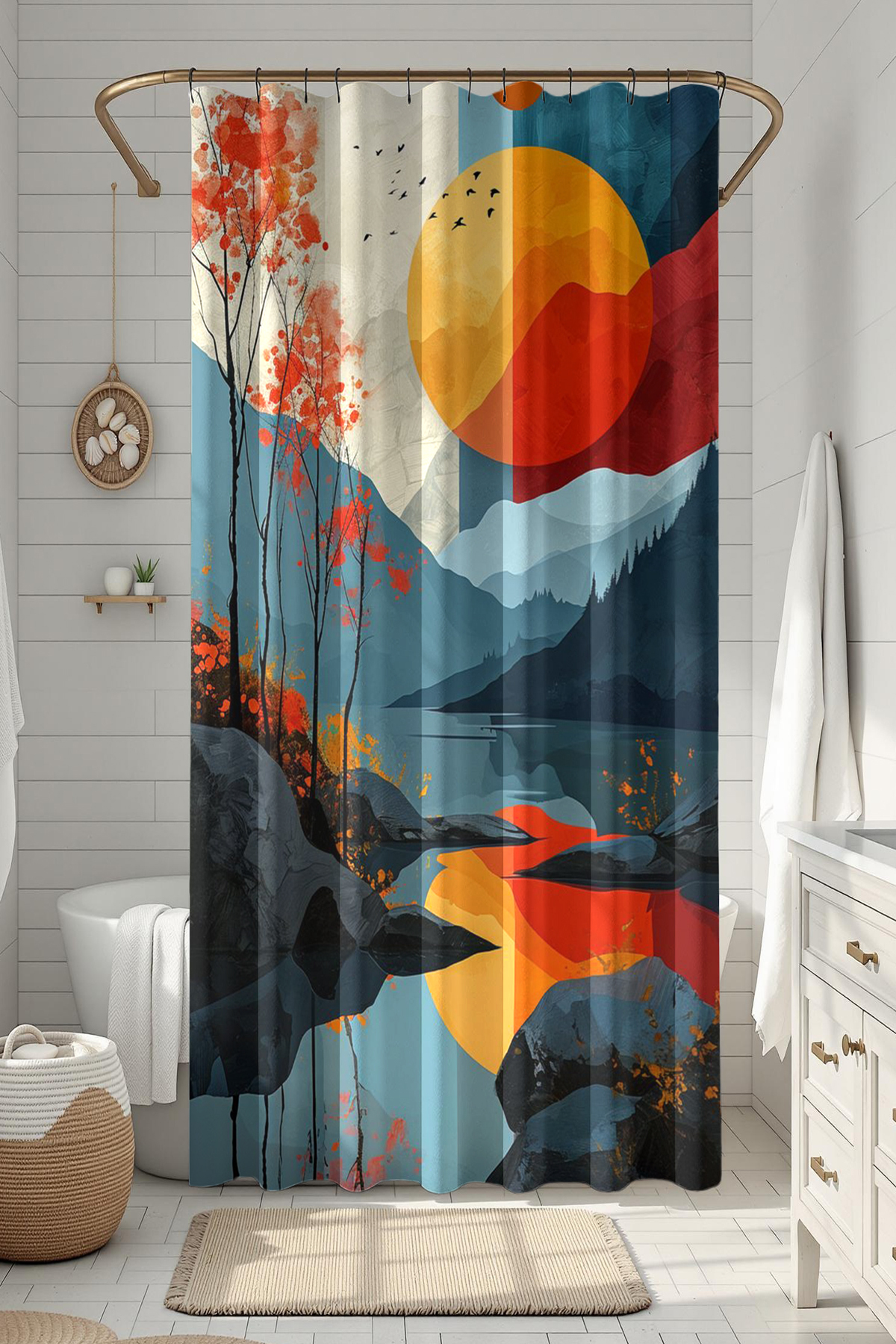 Banyo Perdesi, Kızıl Günbatımı Desenli Duş Perdesi, Küvet Perdesi, Halka Hediyeli 175x200cm BP-42