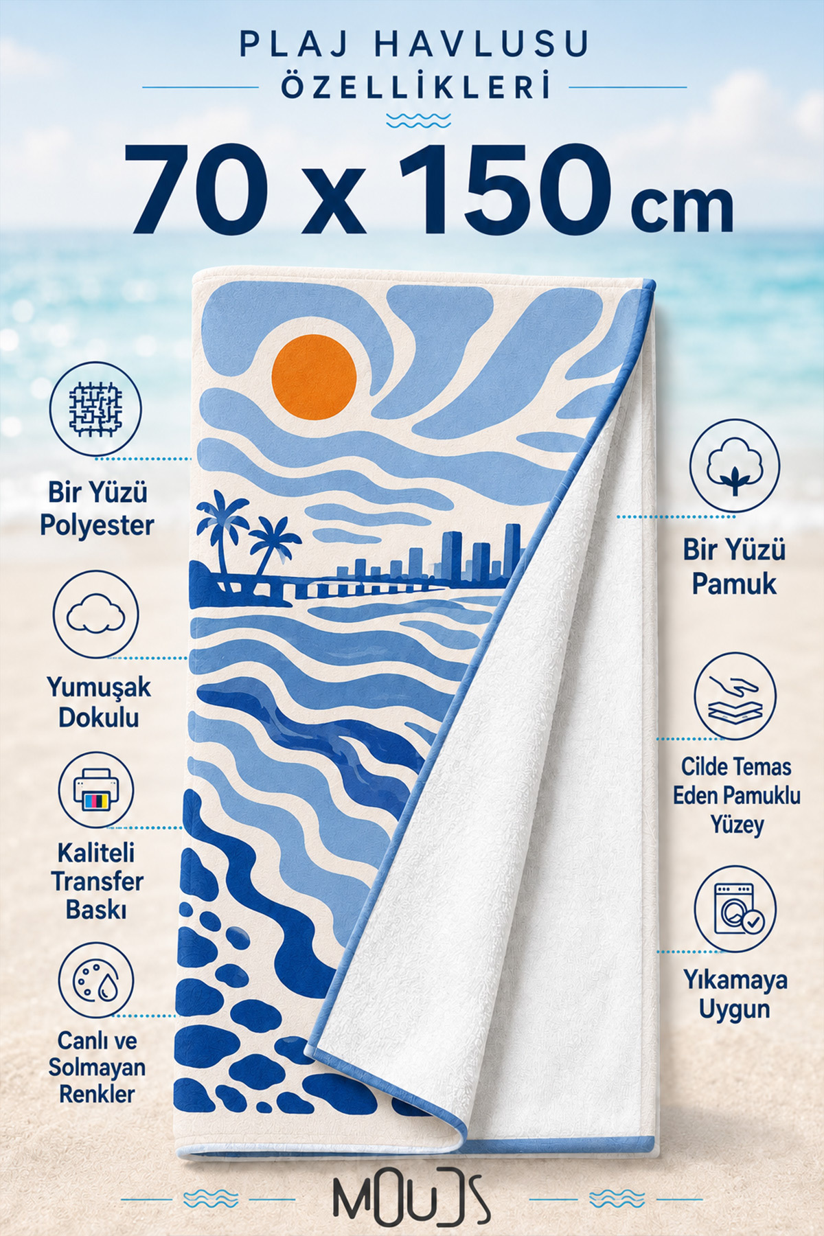 Dijital Baskılı 70x150cm Mavi Körfez Desenli Plaj Havlusu - Banyo Havlusu - Deniz Havlusu