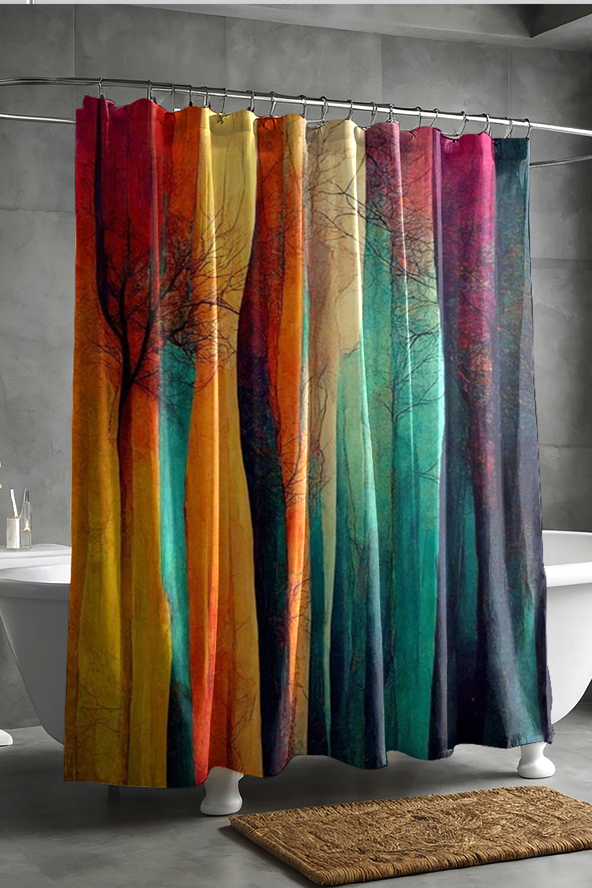 Banyo Perdesi, Renkli Ağaç Silüet Desenli Duş Perdesi, Küvet Perdesi, Halka Hediyeli 175x200cm BP-35