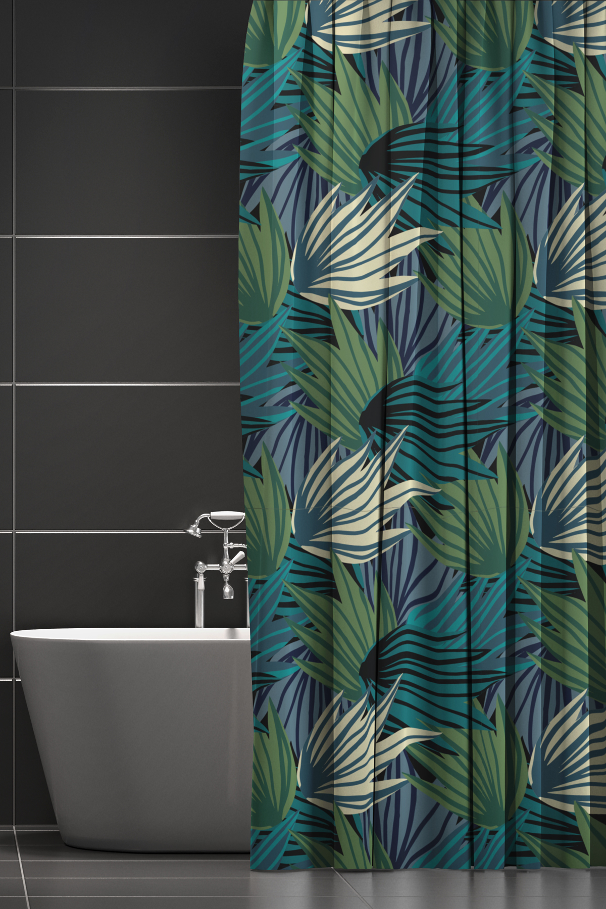 Banyo Perdesi, Tropik Çiçek Gölge Desenli Duş Perdesi, Küvet Perdesi, Halka Hediyeli 175x200cm BP-76