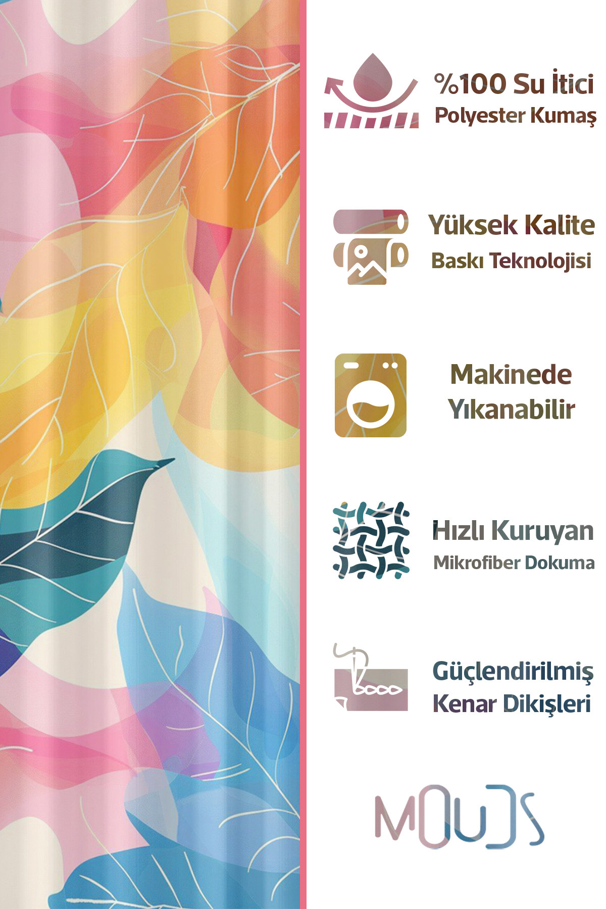Banyo Perdesi, Renkli Yapraklar Desenli Duş Perdesi, Küvet Perdesi, Halka Hediyeli 175x200cm BP-09
