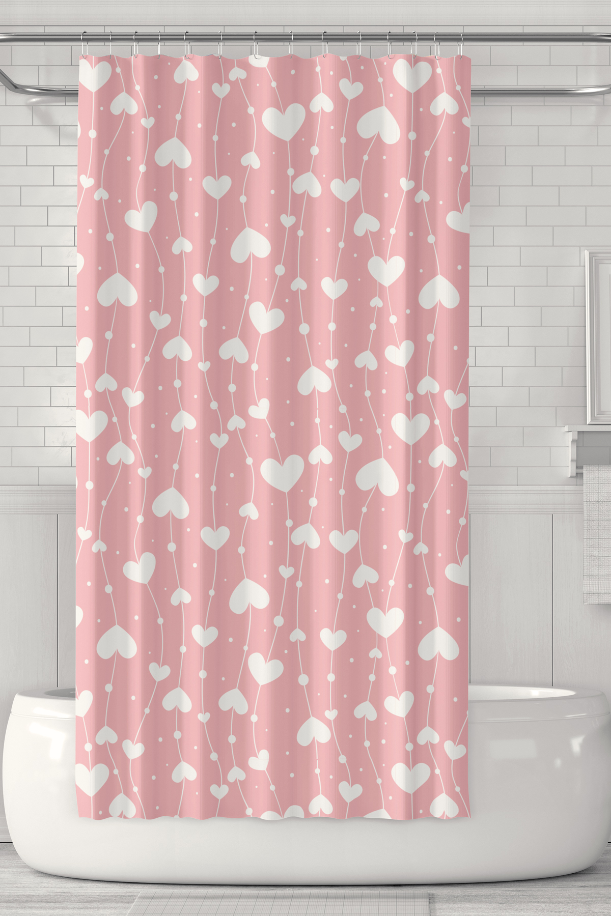 Banyo Perdesi, Pembe Beyaz Kalp Desenli Duş Perdesi, Küvet Perdesi, Halka Hediyeli 175x200cm BP-10
