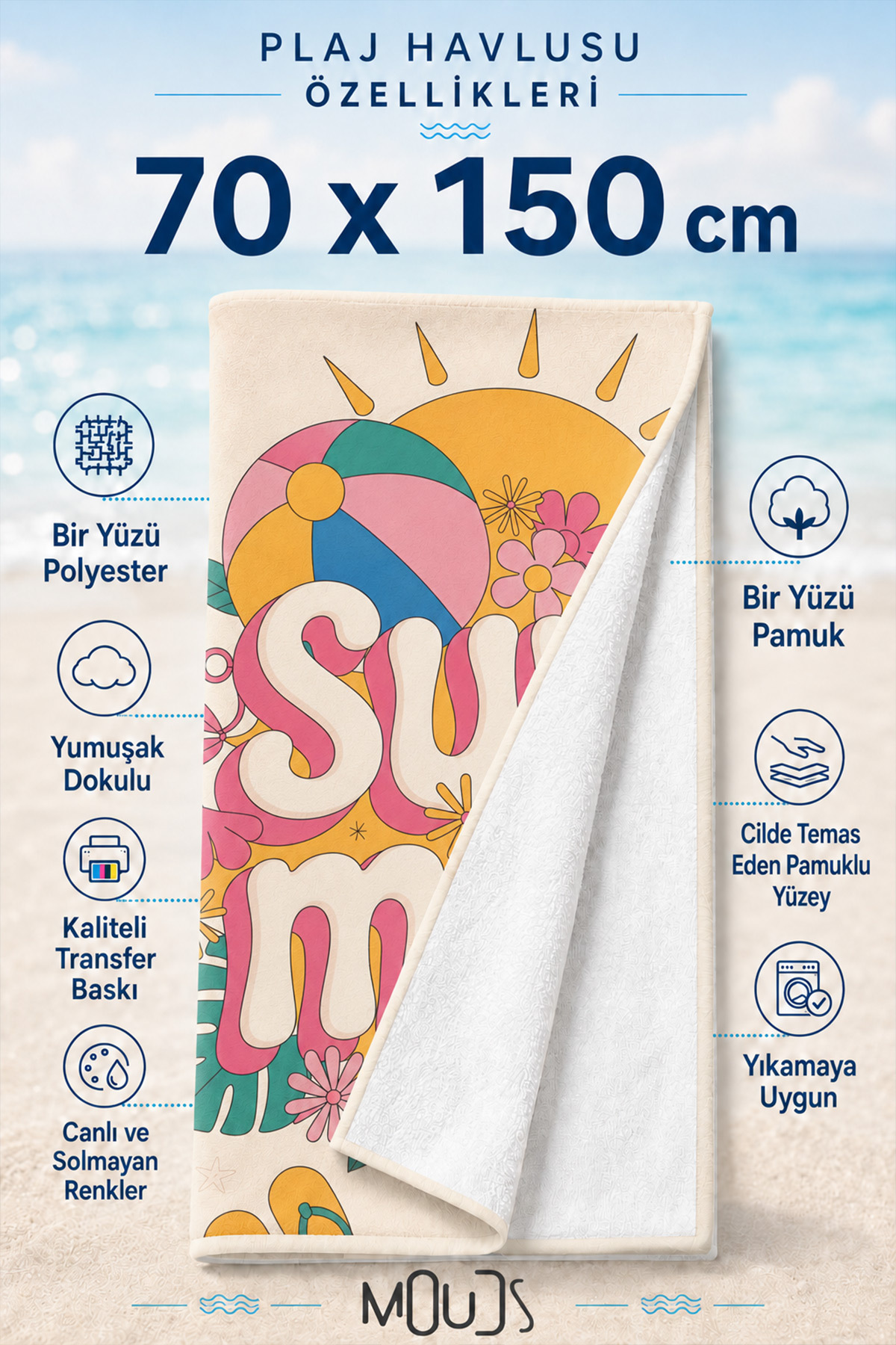 Dijital Baskılı 70x150cm Summer Desenli Plaj Havlusu - Banyo Havlusu - Deniz Havlusu - 3
