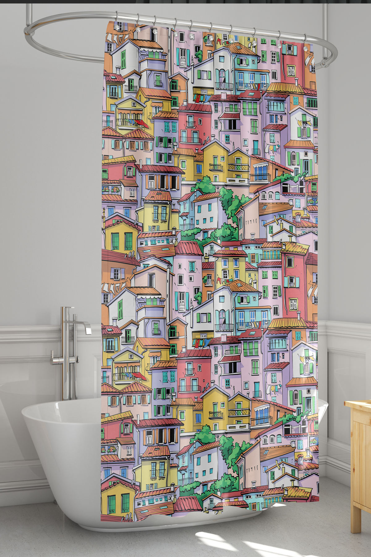 Banyo Perdesi, Renkli Evler Desenli Duş Perdesi, Küvet Perdesi, Halka Hediyeli 175x200cm BP-74