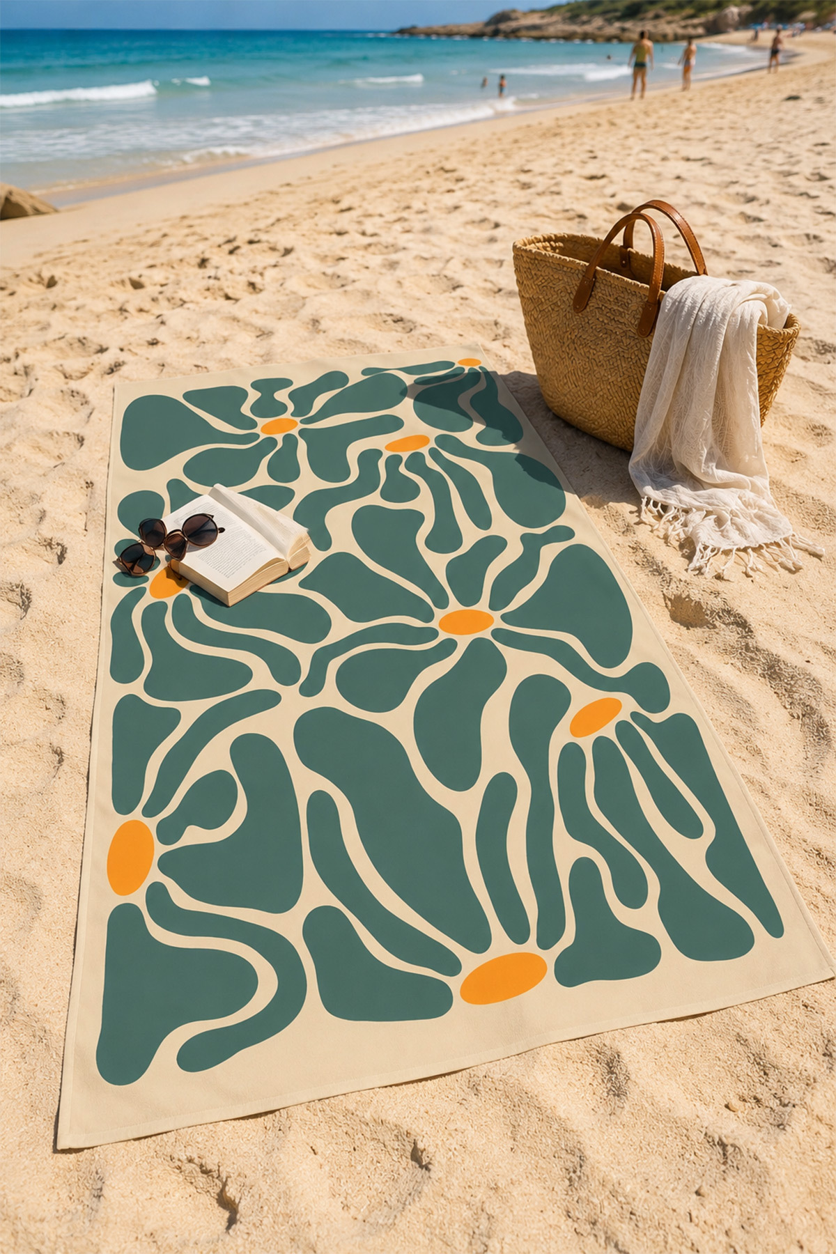 Dijital Baskılı 70x150cm Retro Akış Desenli Plaj Havlusu - Banyo Havlusu - Deniz Havlusu