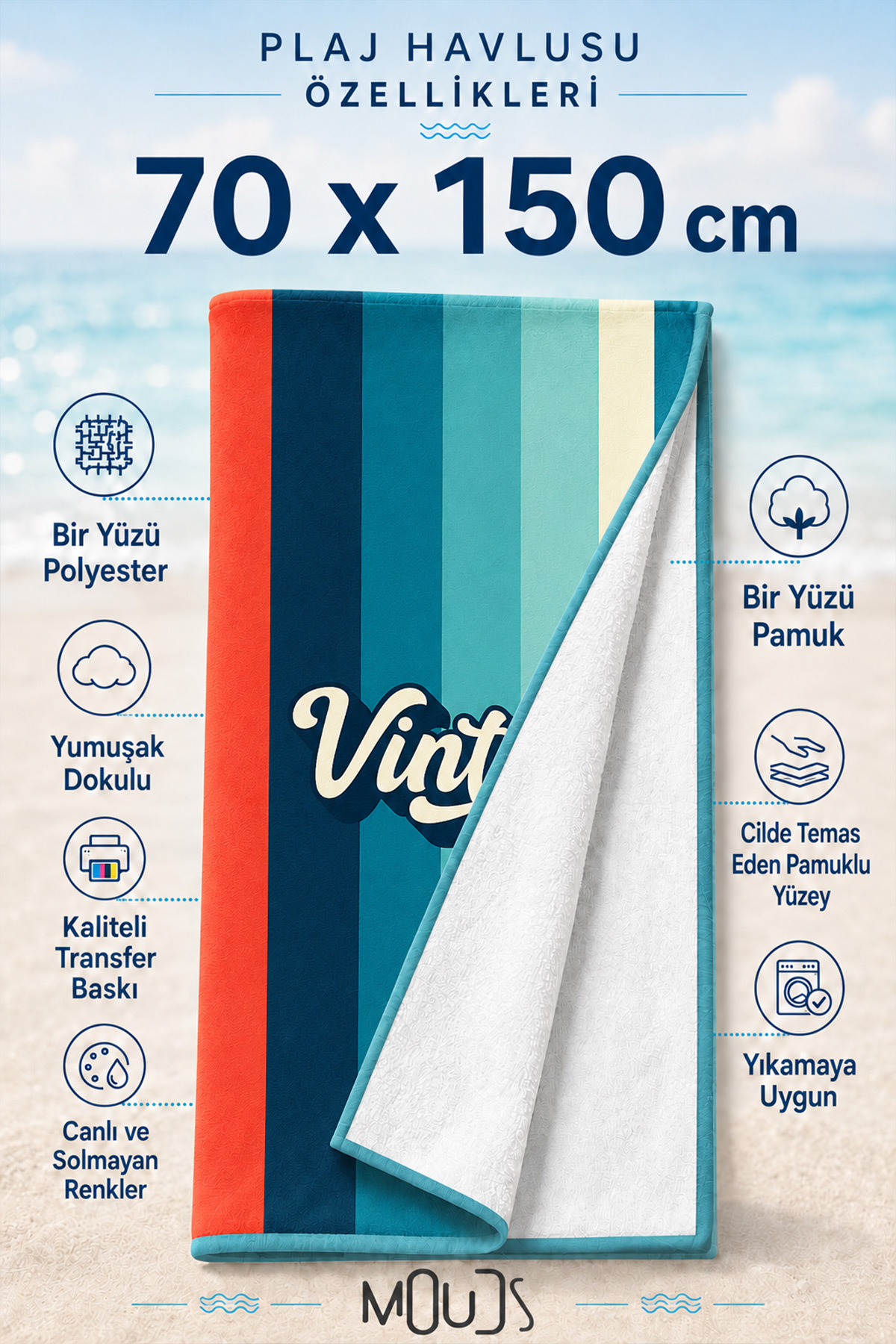 Dijital Baskılı 70x150cm Retro Kuşak Desenli Plaj Havlusu - Banyo Havlusu - Deniz Havlusu