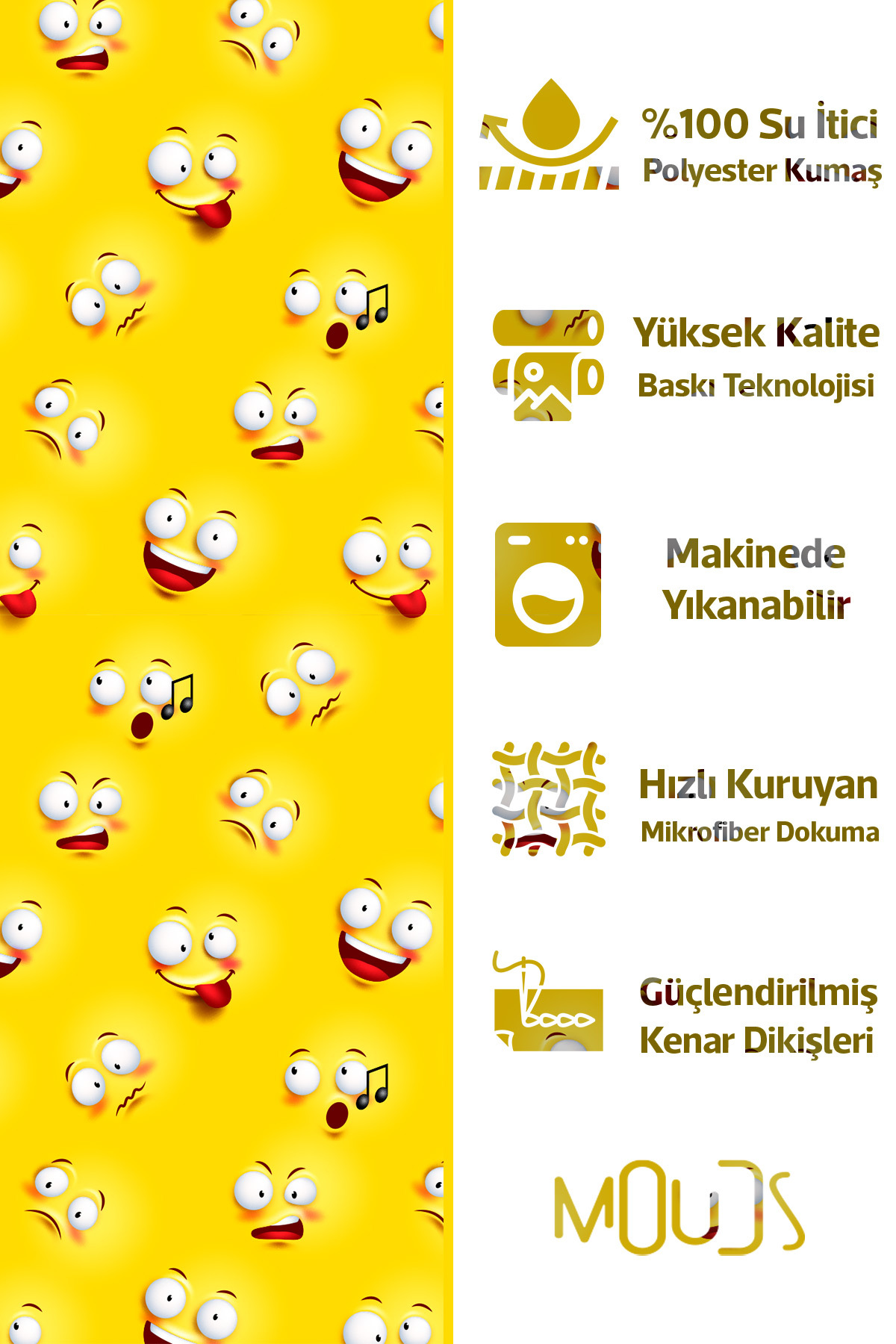 Banyo Perdesi, Sarı Emoji Desenli Duş Perdesi, Küvet Perdesi, Halka Hediyeli 175x200cm BP-56