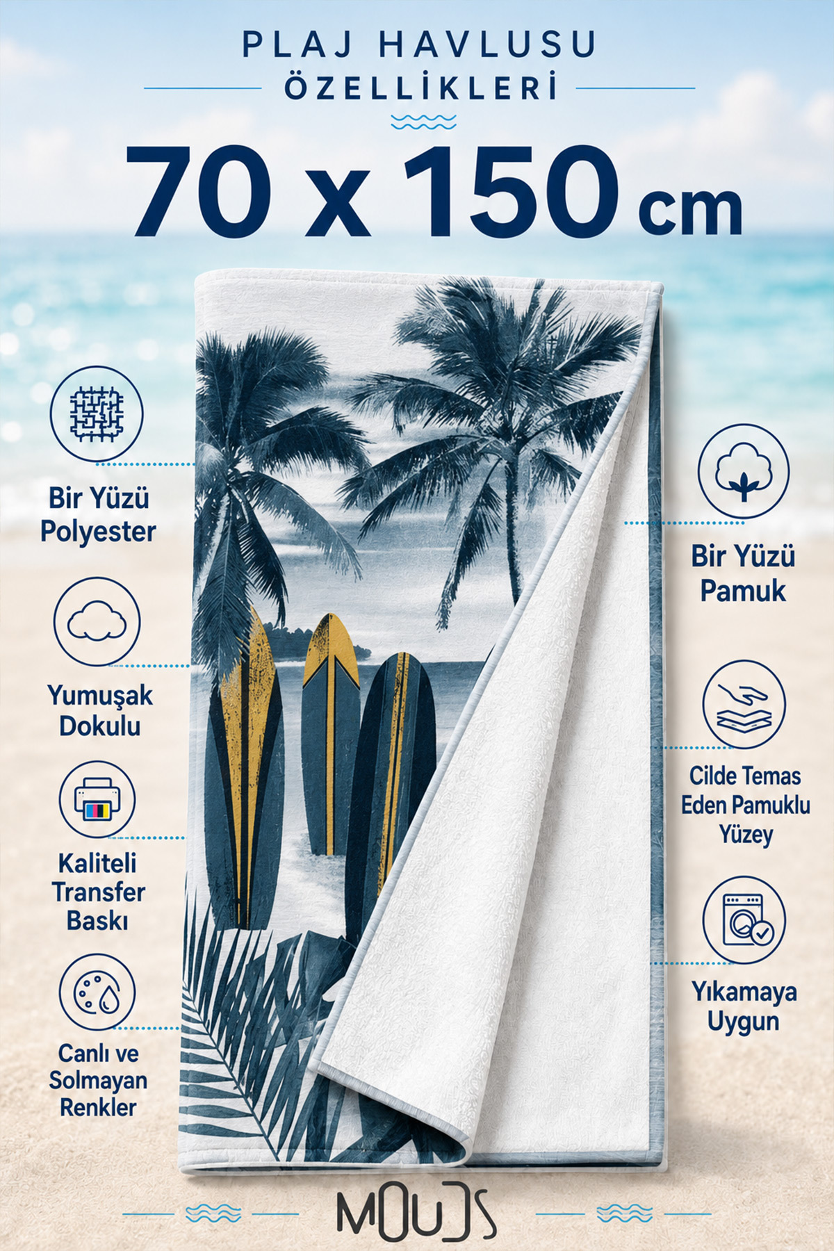 Dijital Baskılı 70x150cm Gri Palmiyeler Desenli Plaj Havlusu - Banyo Havlusu - Deniz Havlusu - 3