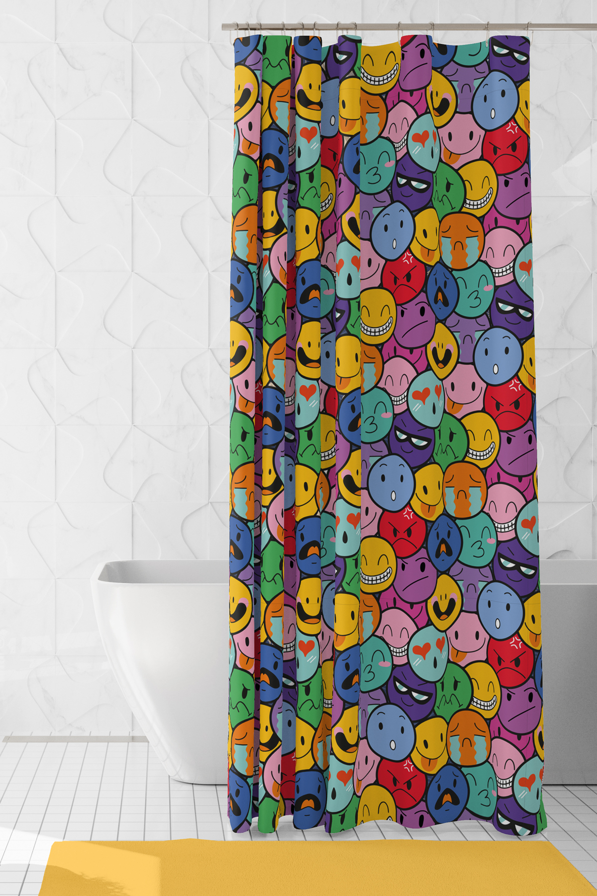 Banyo Perdesi, Emoji Desenli Duş Perdesi, Küvet Perdesi, Halka Hediyeli 175x200cm BP-105
