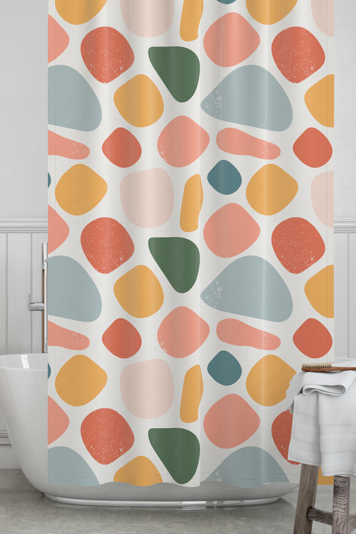 Banyo Perdesi, Renkli Oval Desenli Duş Perdesi, Küvet Perdesi, Halka Hediyeli 175x200cm BP-28
