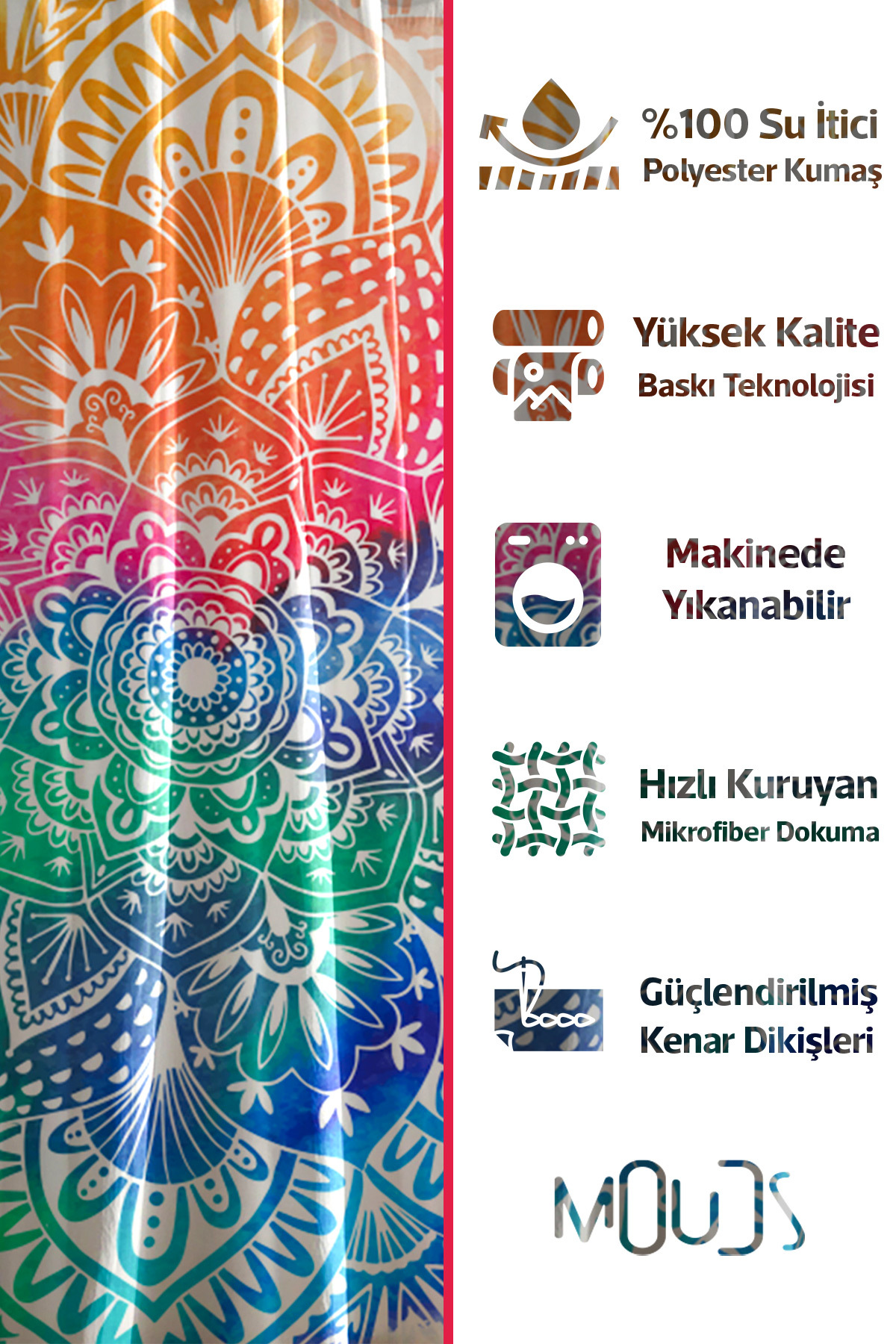 Banyo Perdesi, Mandala Desenli Duş Perdesi, Küvet Perdesi, Halka Hediyeli 175x200cm BP-27