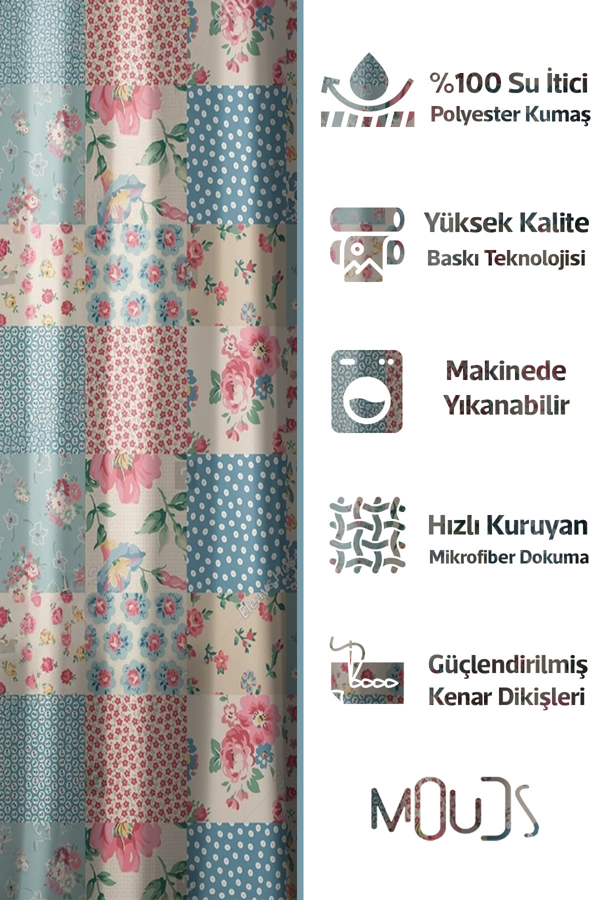 Banyo Perdesi, Renkli Kareli Çiçekler Desenli Duş Perdesi, Küvet Perdesi, Halka Hediyeli 175x200cm