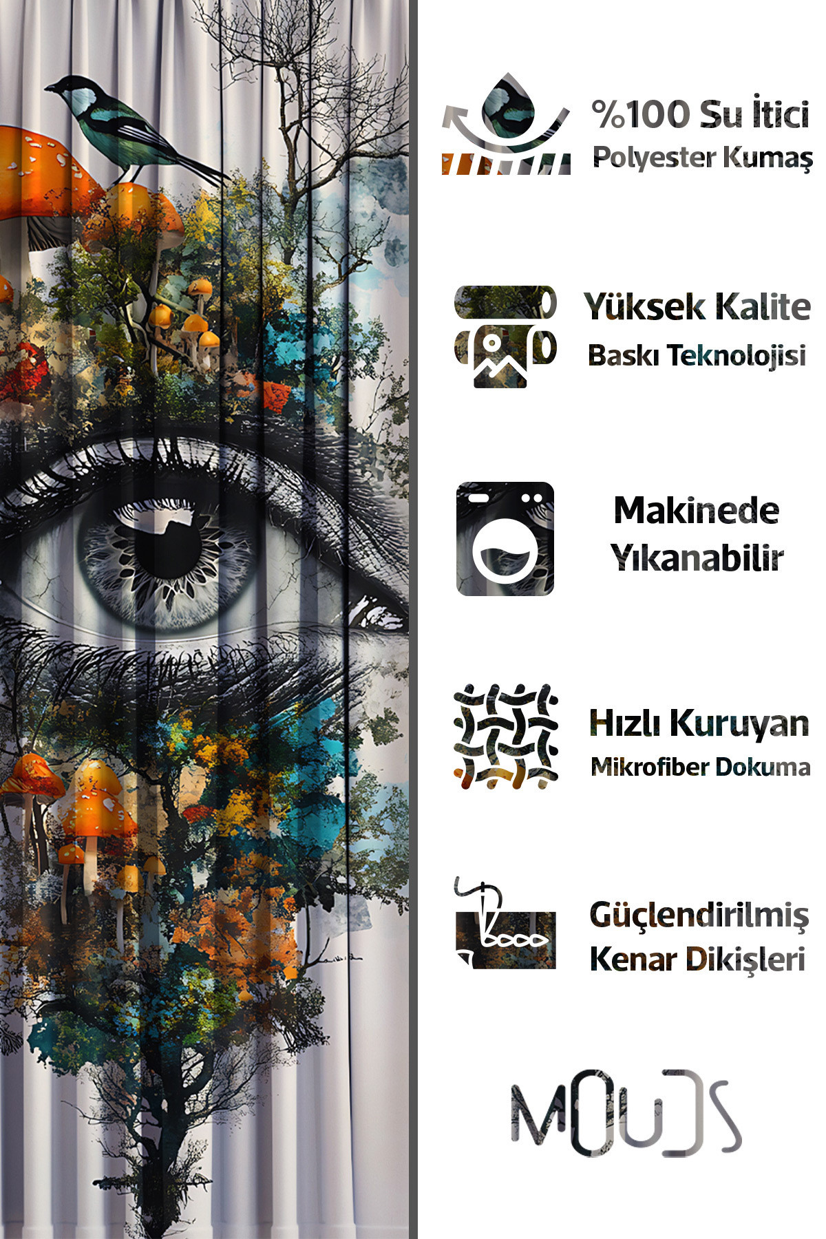 Banyo Perdesi, Gözün Bahçesi Desenli Duş Perdesi, Küvet Perdesi, Halka Hediyeli 175x200cm BP-92