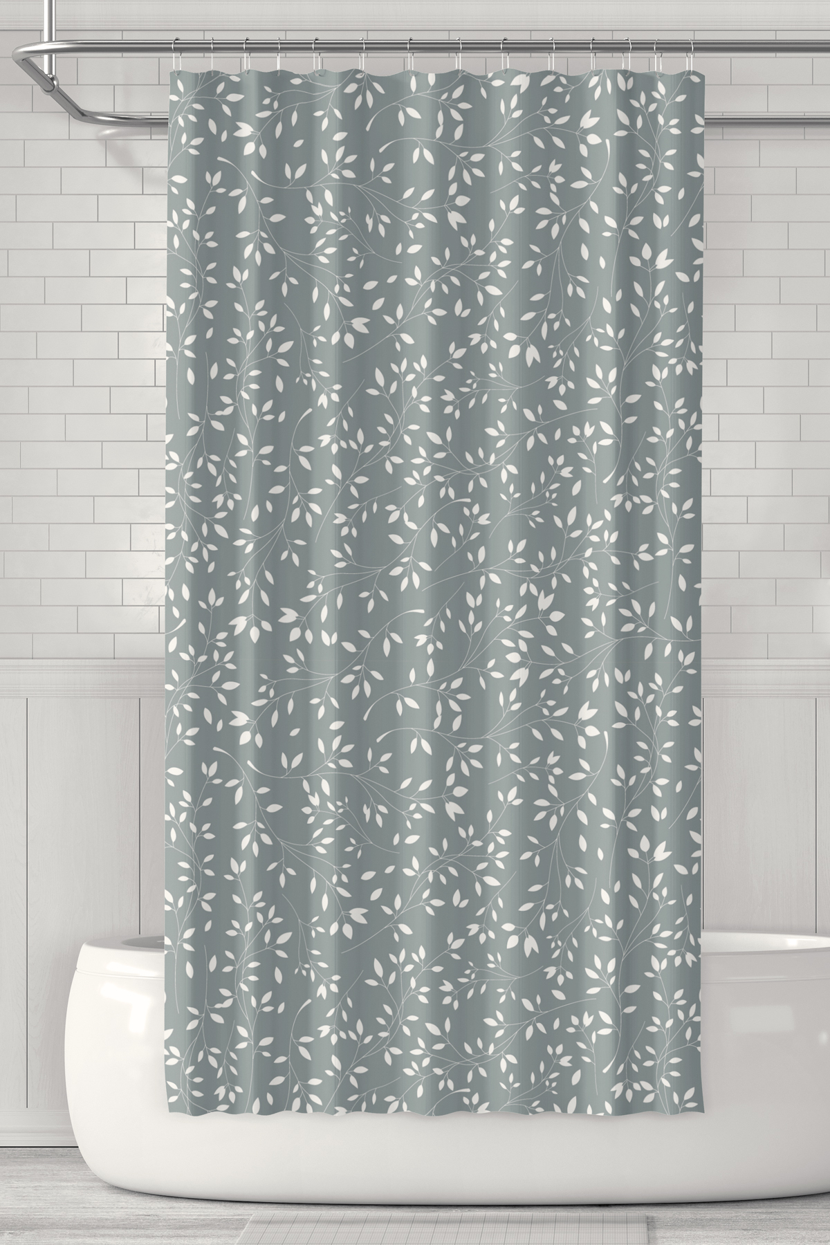 Banyo Perdesi, Gri Ağaç Dalları Desenli Duş Perdesi, Küvet Perdesi, Halka Hediyeli 175x200cm BP-15