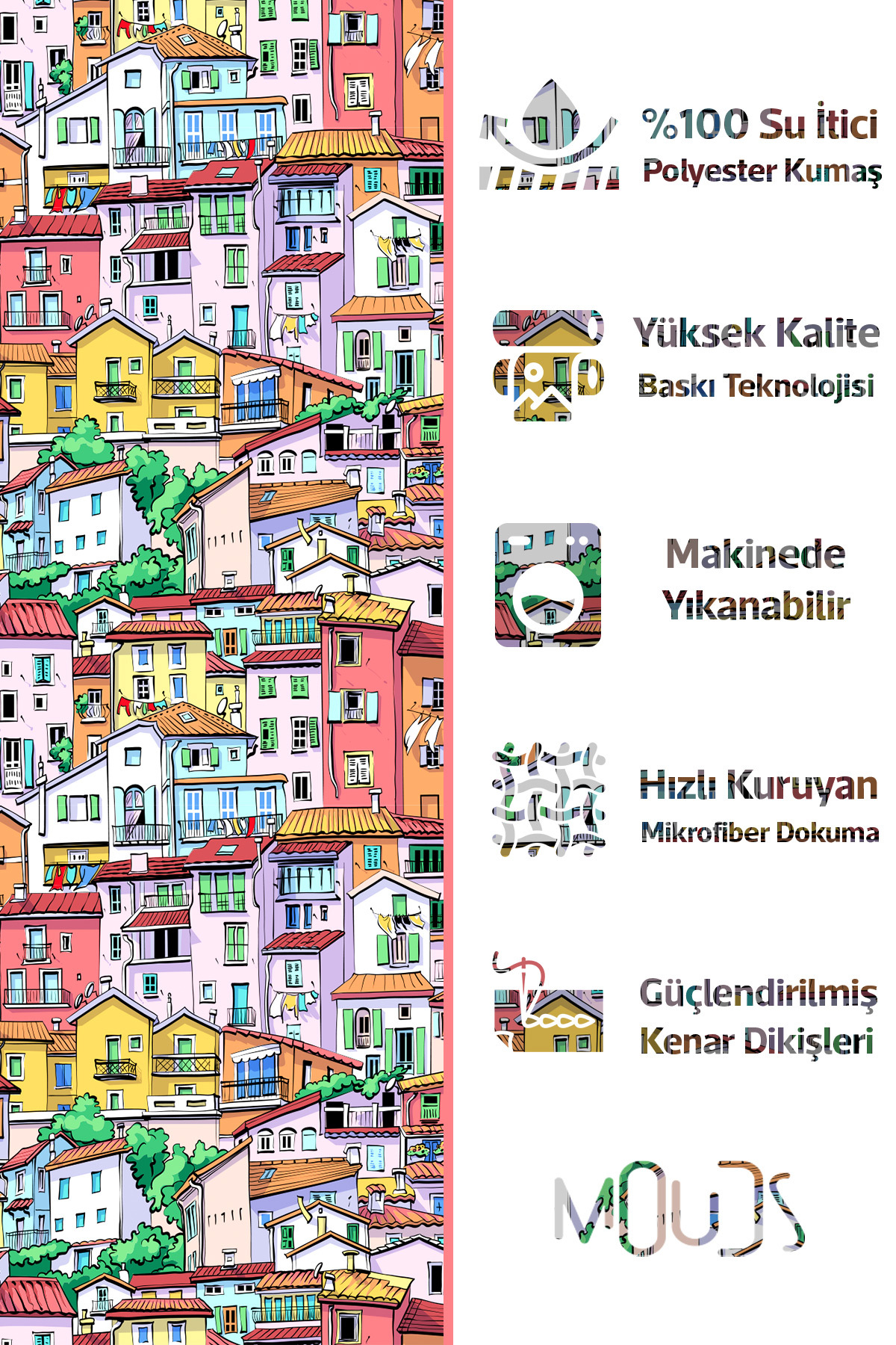 Banyo Perdesi, Renkli Evler Desenli Duş Perdesi, Küvet Perdesi, Halka Hediyeli 175x200cm BP-74