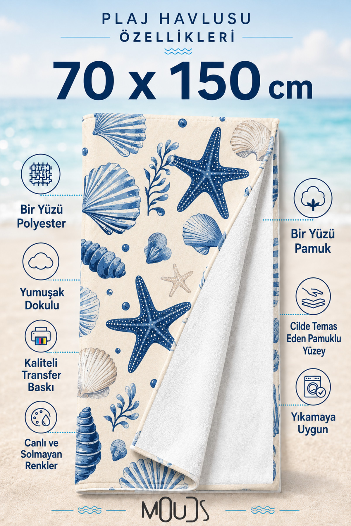Dijital Baskılı 70x150cm Deniz Kabukları Desenli Plaj Havlusu - Banyo Havlusu - Deniz Havlusu