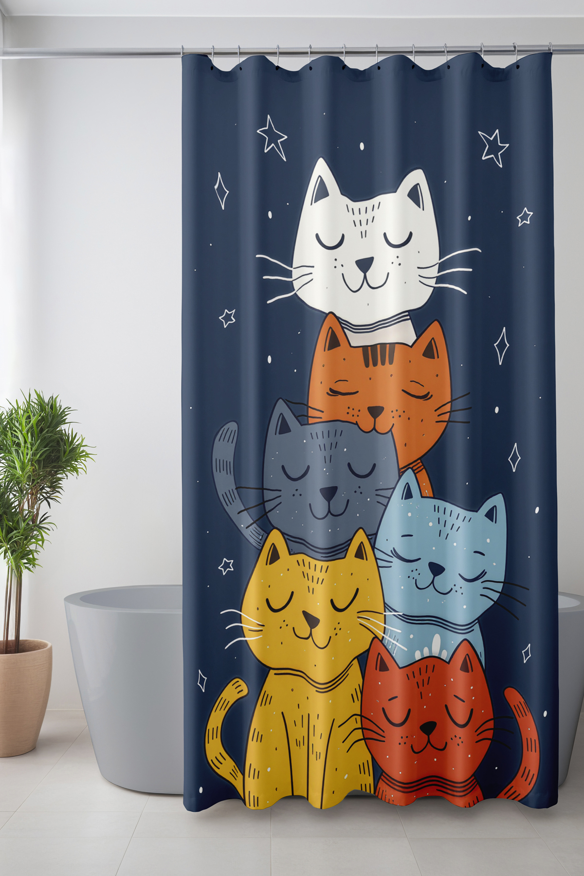 Banyo Perdesi, Renkli Kediler Desenli Duş Perdesi, Küvet Perdesi, Halka Hediyeli 175x200cm BP-89