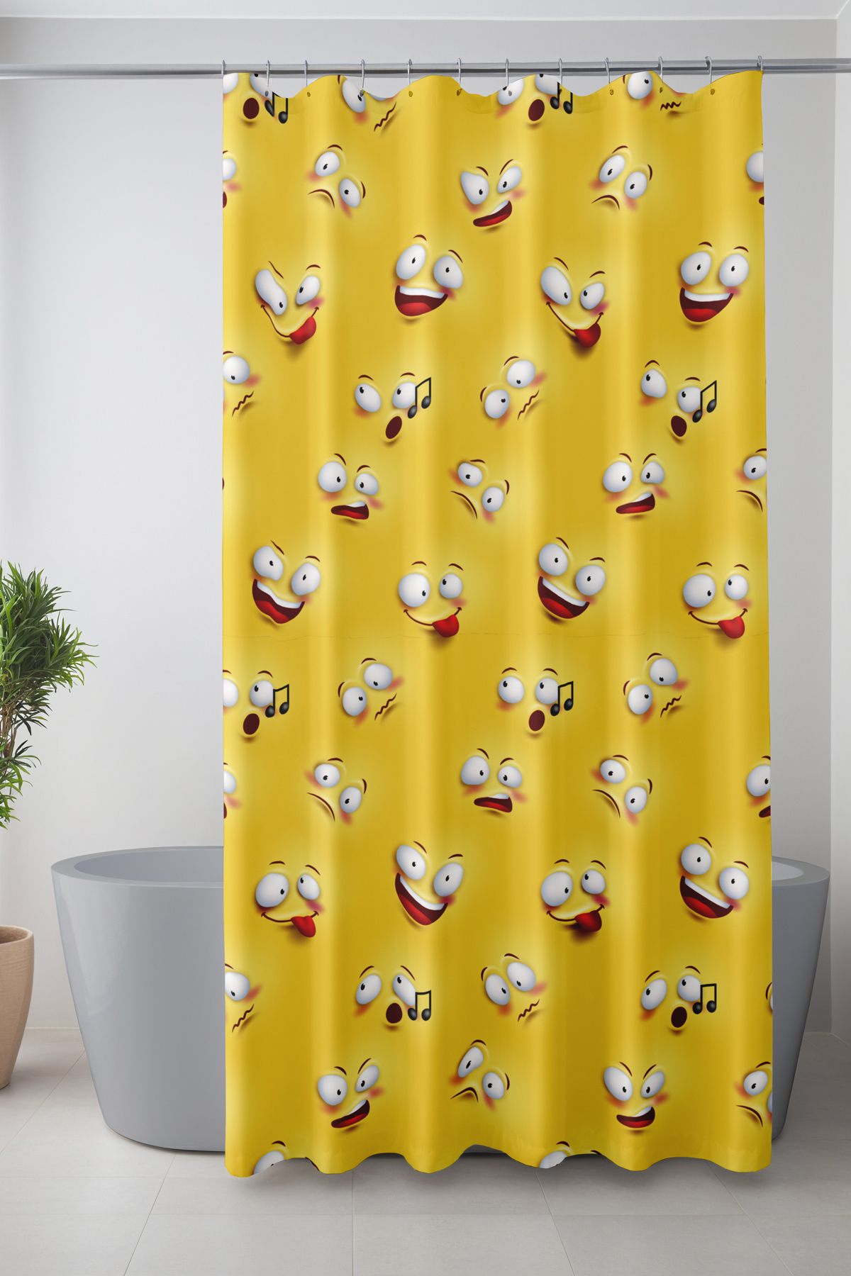 Banyo Perdesi, Sarı Emoji Desenli Duş Perdesi, Küvet Perdesi, Halka Hediyeli 175x200cm BP-56