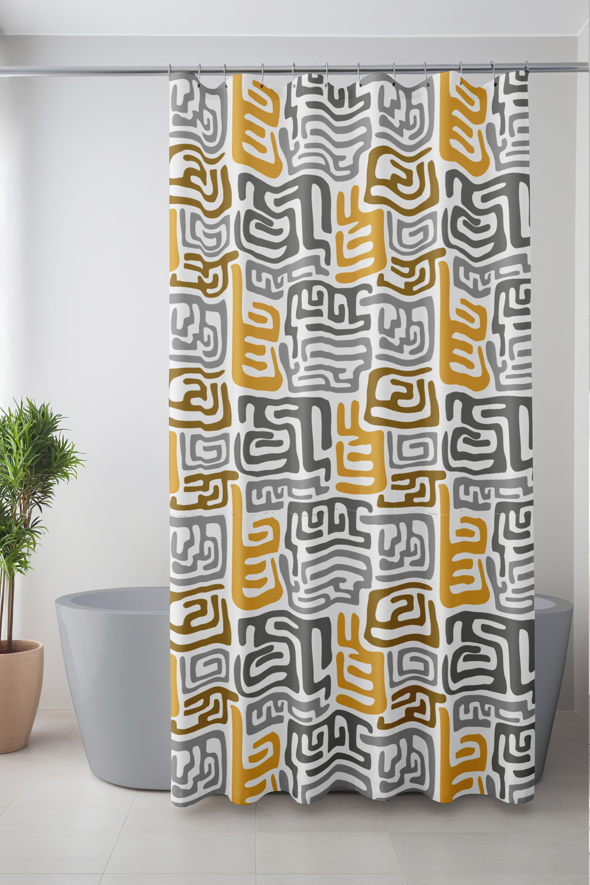 Banyo Perdesi, Ritmik Geometri Desenli Duş Perdesi, Küvet Perdesi, Halka Hediyeli 175x200cm BP-79