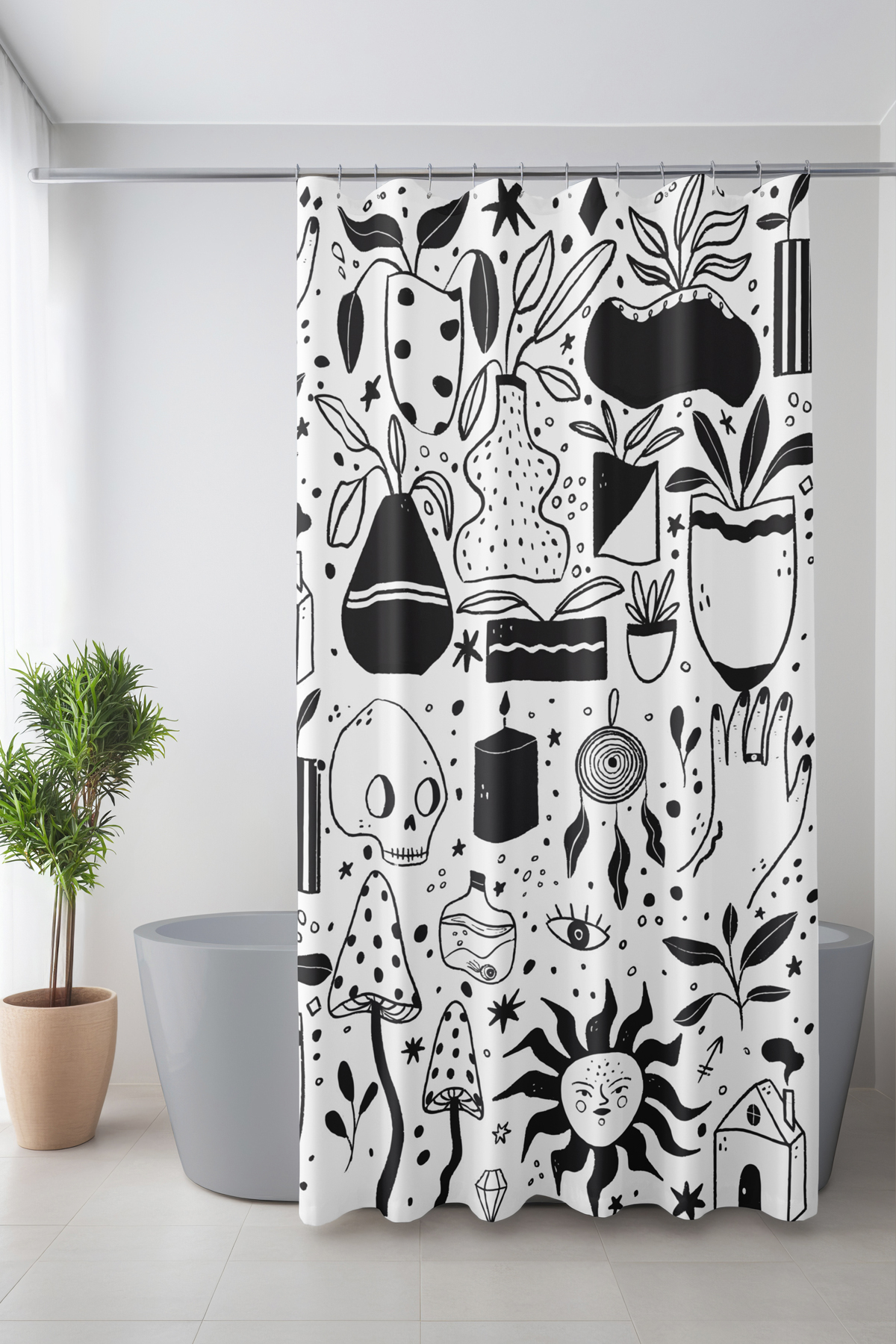 Banyo Perdesi, Siyah Semboller Desenli Duş Perdesi, Küvet Perdesi, Halka Hediyeli 175x200cm BP-20