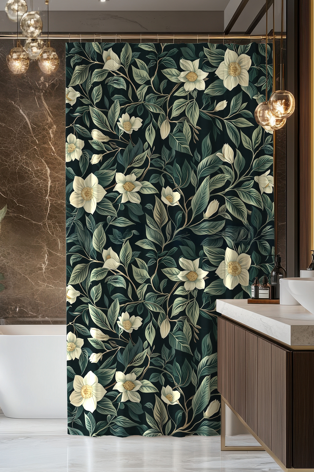 Banyo Perdesi, Gece Çiçeği Desenli Duş Perdesi, Küvet Perdesi, Halka Hediyeli 175x200cm BP-55