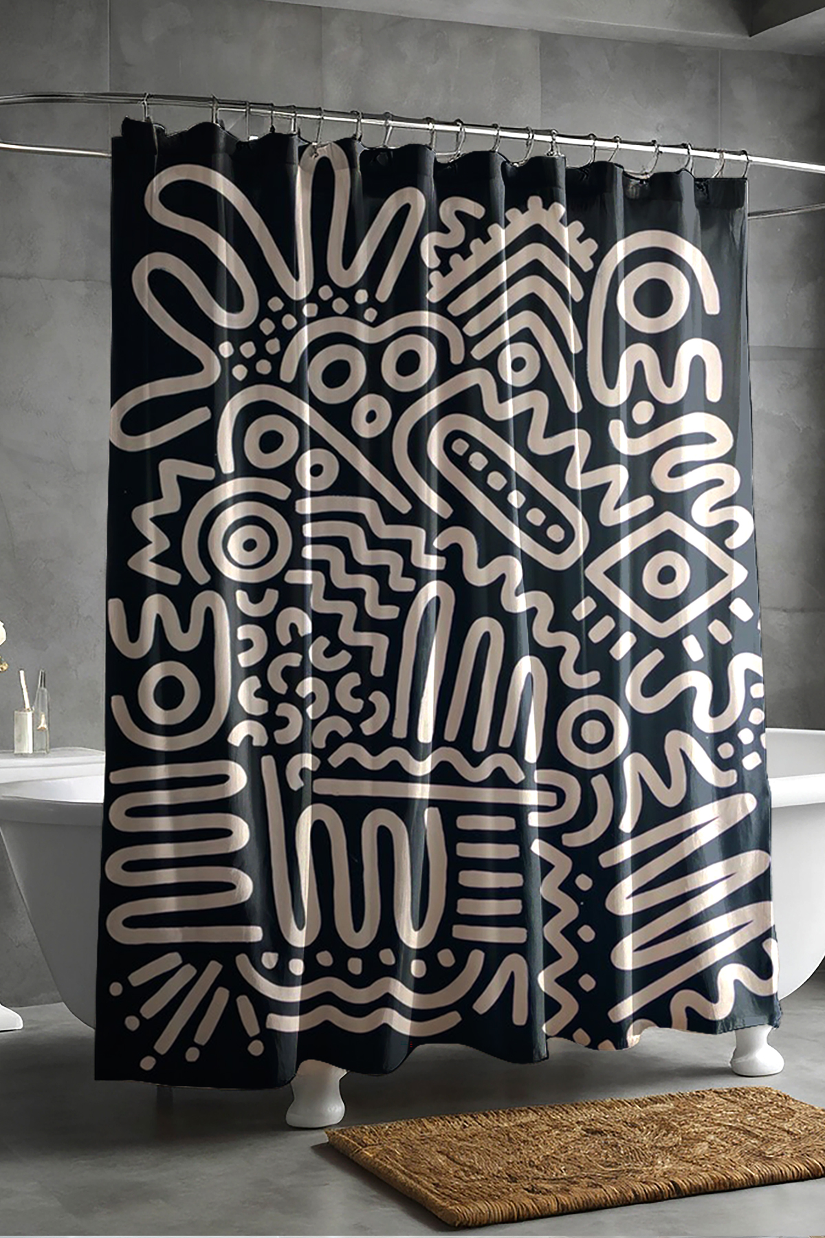 Banyo Perdesi, Ritmik İzler Desenli Duş Perdesi, Küvet Perdesi, Halka Hediyeli 175x200cm BP-91