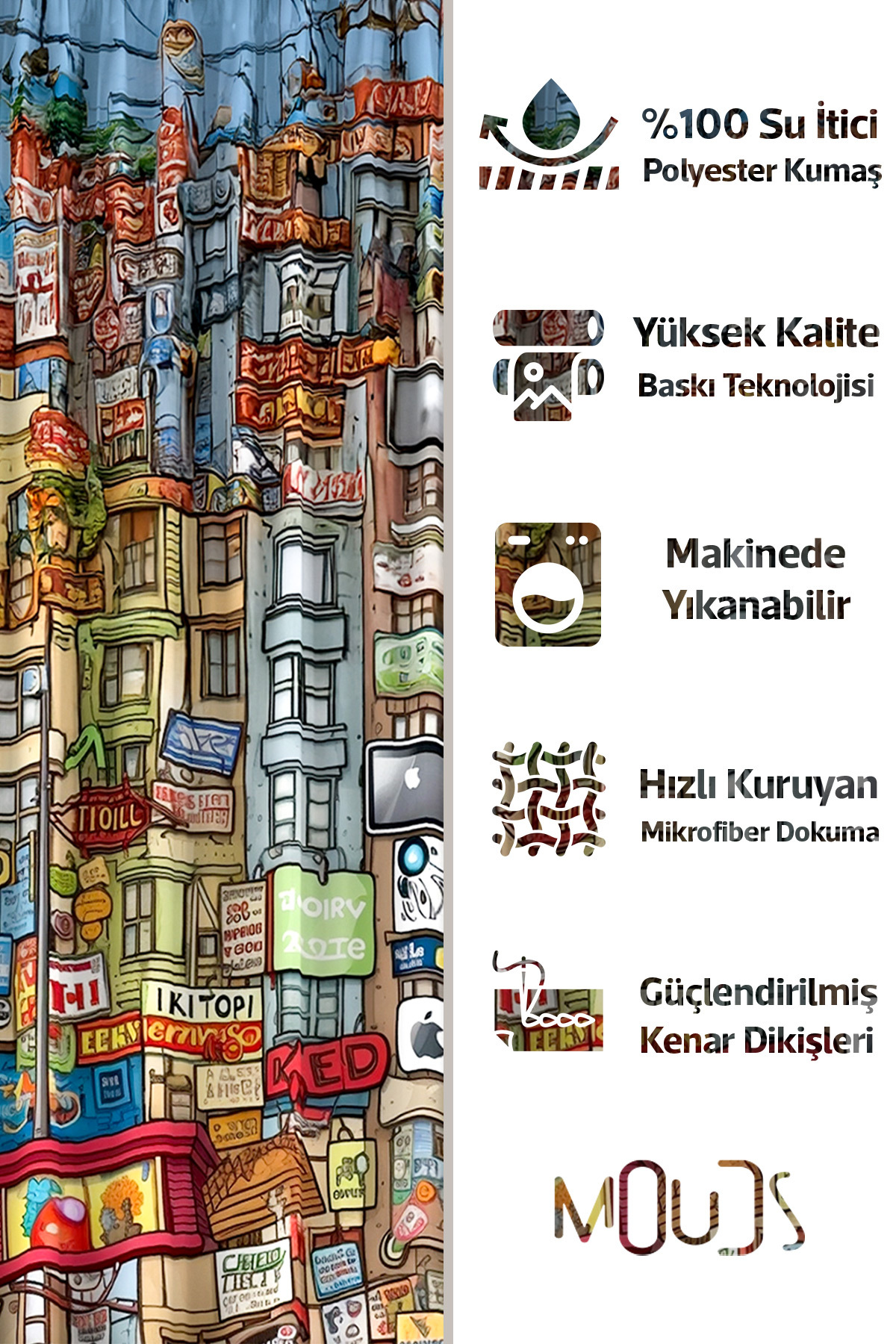 Banyo Perdesi, Renkli Sokaklar Desenli Duş Perdesi, Küvet Perdesi, Halka Hediyeli 175x200cm BP-44