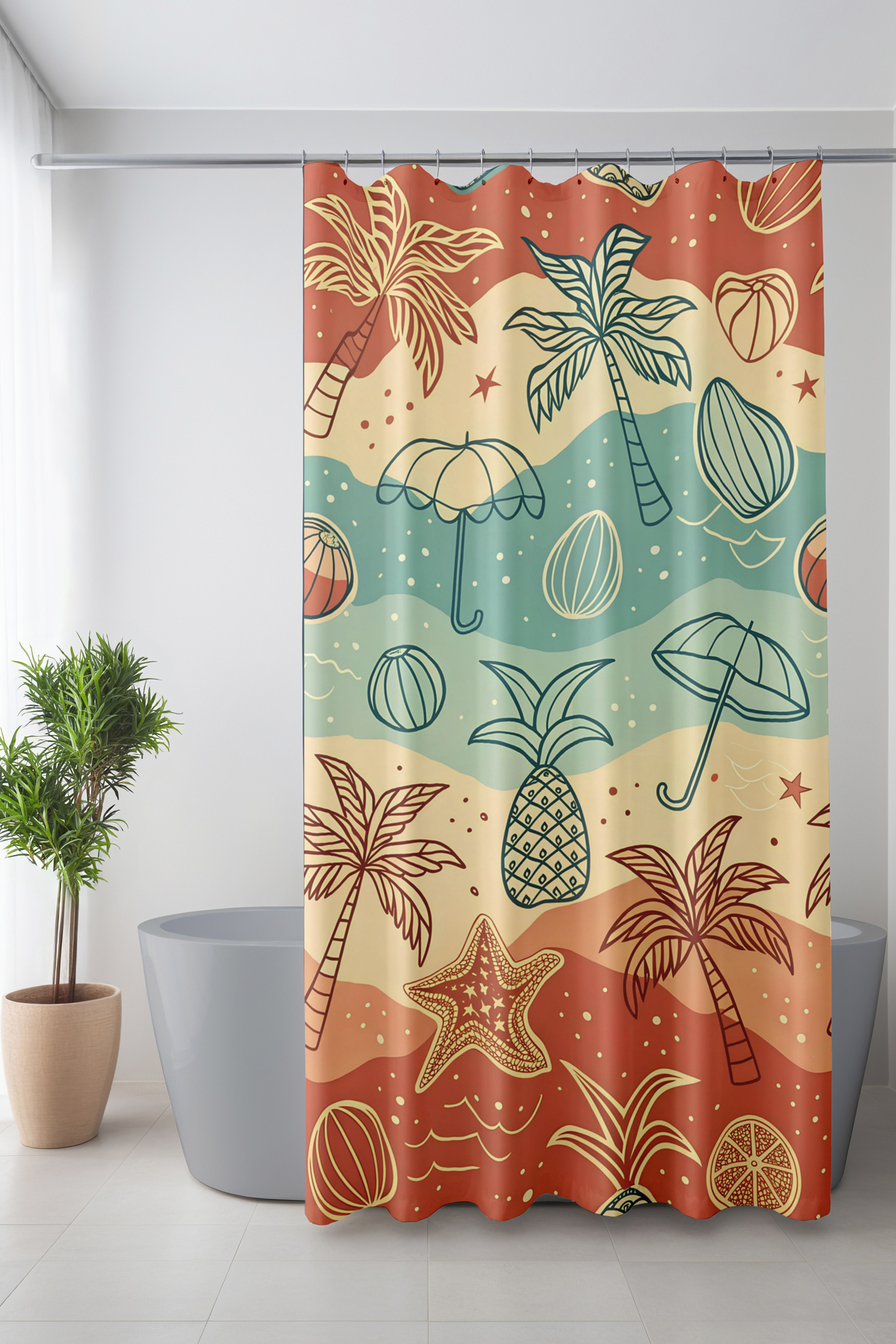 Banyo Perdesi, Yazın Renkleri Desenli Duş Perdesi, Küvet Perdesi, Halka Hediyeli 175x200cm BP-94