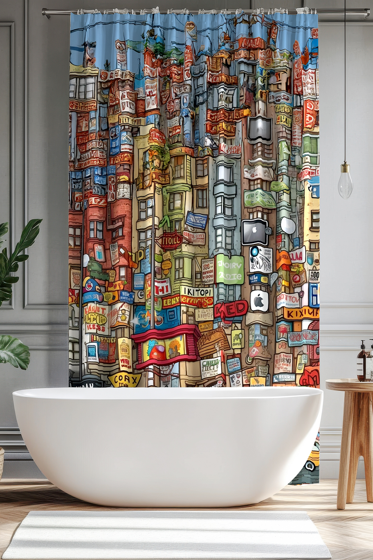 Banyo Perdesi, Renkli Sokaklar Desenli Duş Perdesi, Küvet Perdesi, Halka Hediyeli 175x200cm BP-44
