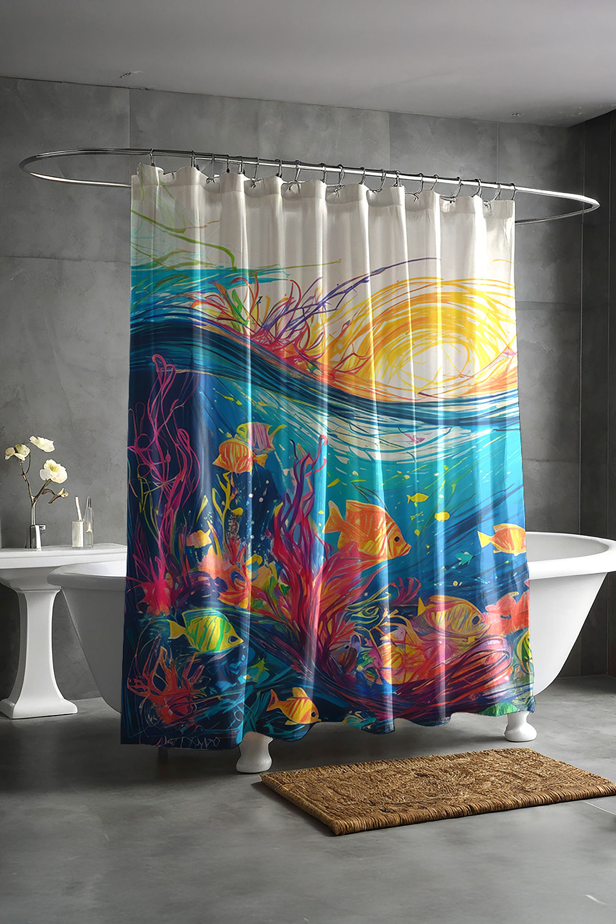 Banyo Perdesi, Renkli Balıklar Desenli Duş Perdesi, Küvet Perdesi, Halka Hediyeli 175x200cm BP-01