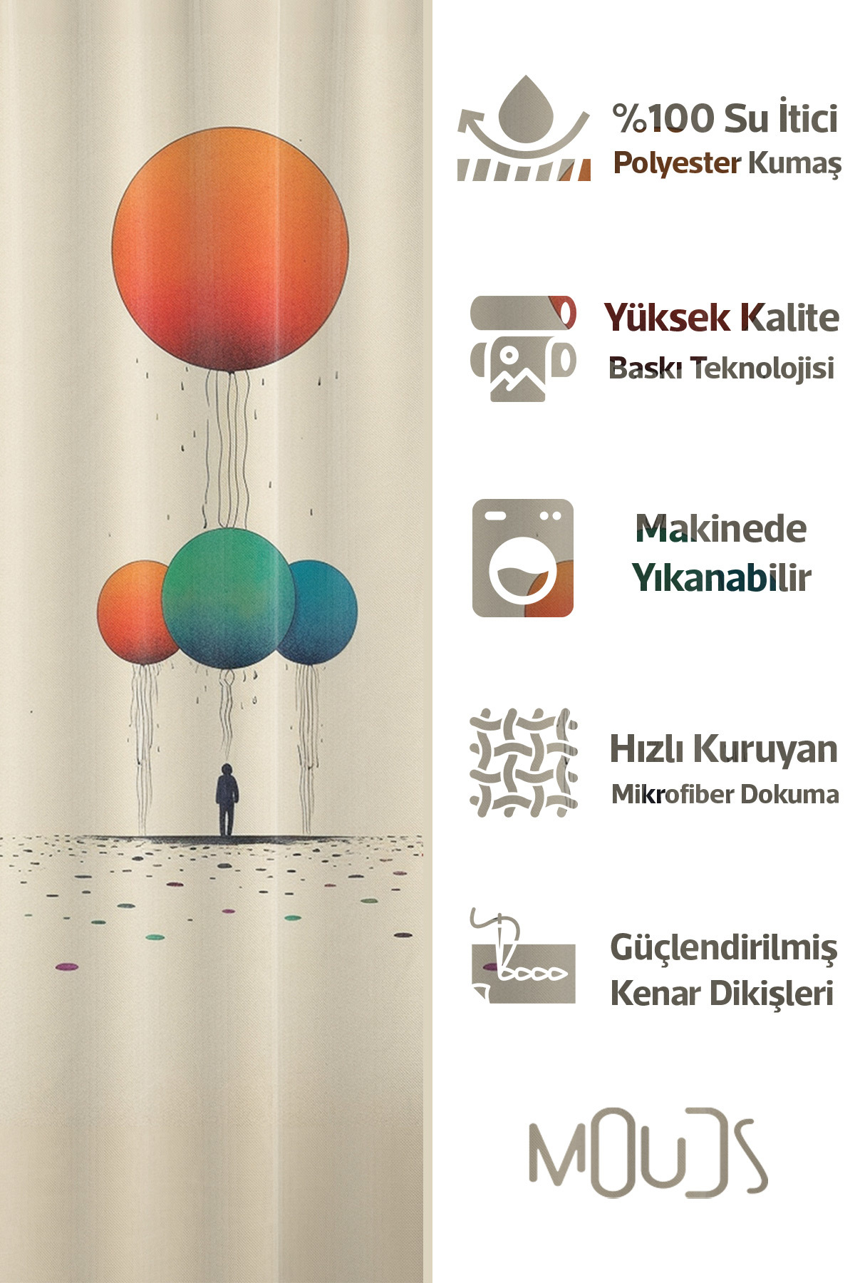 Banyo Perdesi, Yalnız Balon Desenli Duş Perdesi, Küvet Perdesi, Halka Hediyeli 175x200cm BP-36